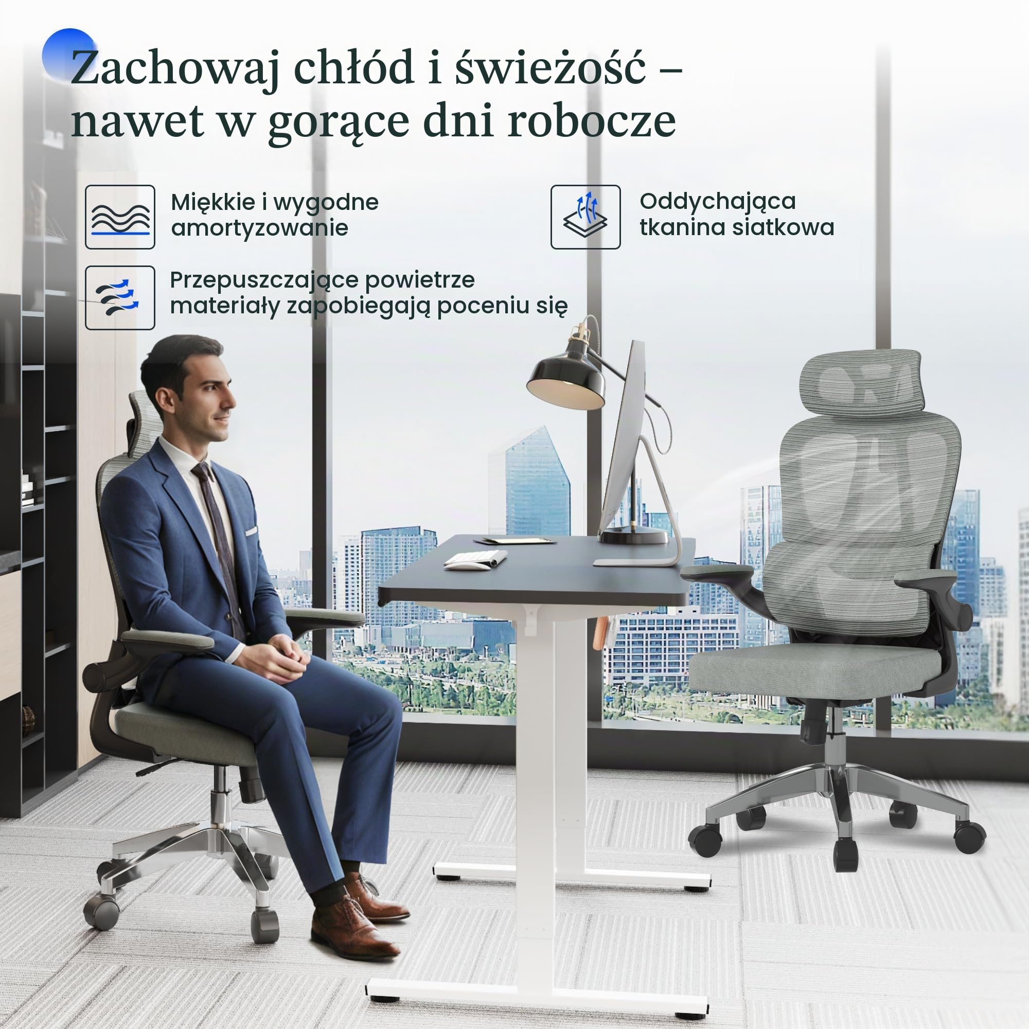 FLEXISPOT OC3 LITE Ergonomiczne krzesło biurowe, krzesło biurkowe z 2D podparciem pod głowę, składanymi podłokietnikami i dynamicznym podparciem lędźwiowym (Lite (Szara Pianka))