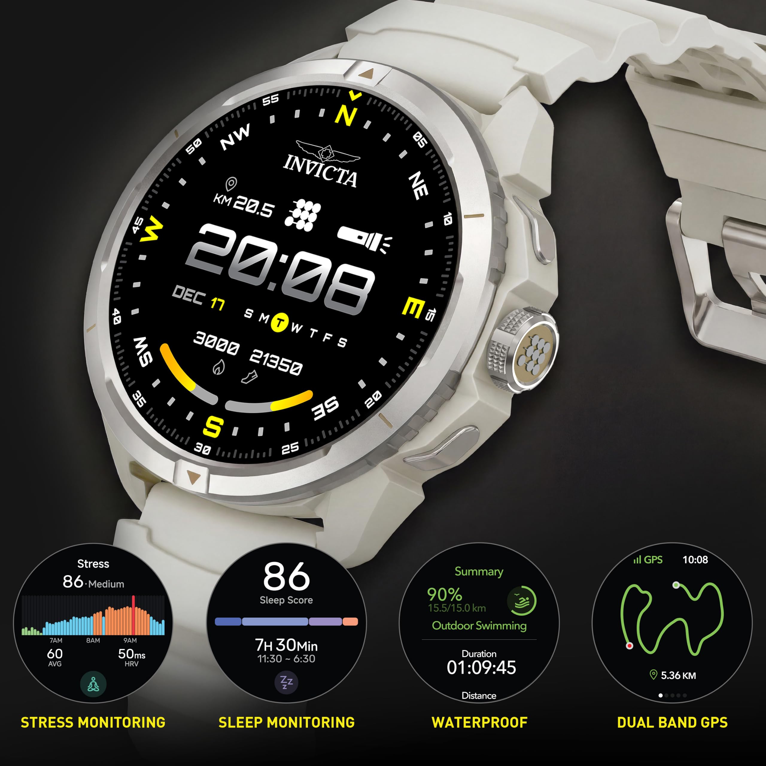 Invicta I-Tech-010 - Reloj Inteligente Digital, Pantalla de 1,48 Pulgadas, Correa de Silicona, Monitor de natación, HR, Bluetooth, Correa Blanca, Caja Negra, Unisex