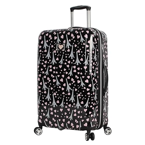 Betsey Johnson 26 Inch Checked Luggage Collection - Expandable Scratch Resistant (ABS + PC) Hardside Suitcase - Designer Lightweight Bag with 8-Rolling Spinner Wheels (Paris Love)