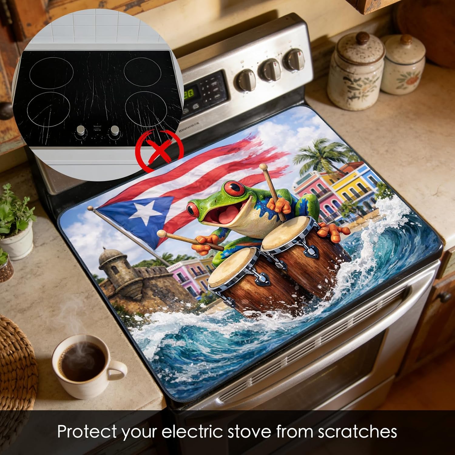Nuxovilar Stove Top Cover Protector with Colorful Tree Frog & Conga Drums Pattern, Polyester Diatomaceous Earth Blend 28.65x20.47in, Glass Stove Surface Guard for Kitchen, Home, or Apartment Decor