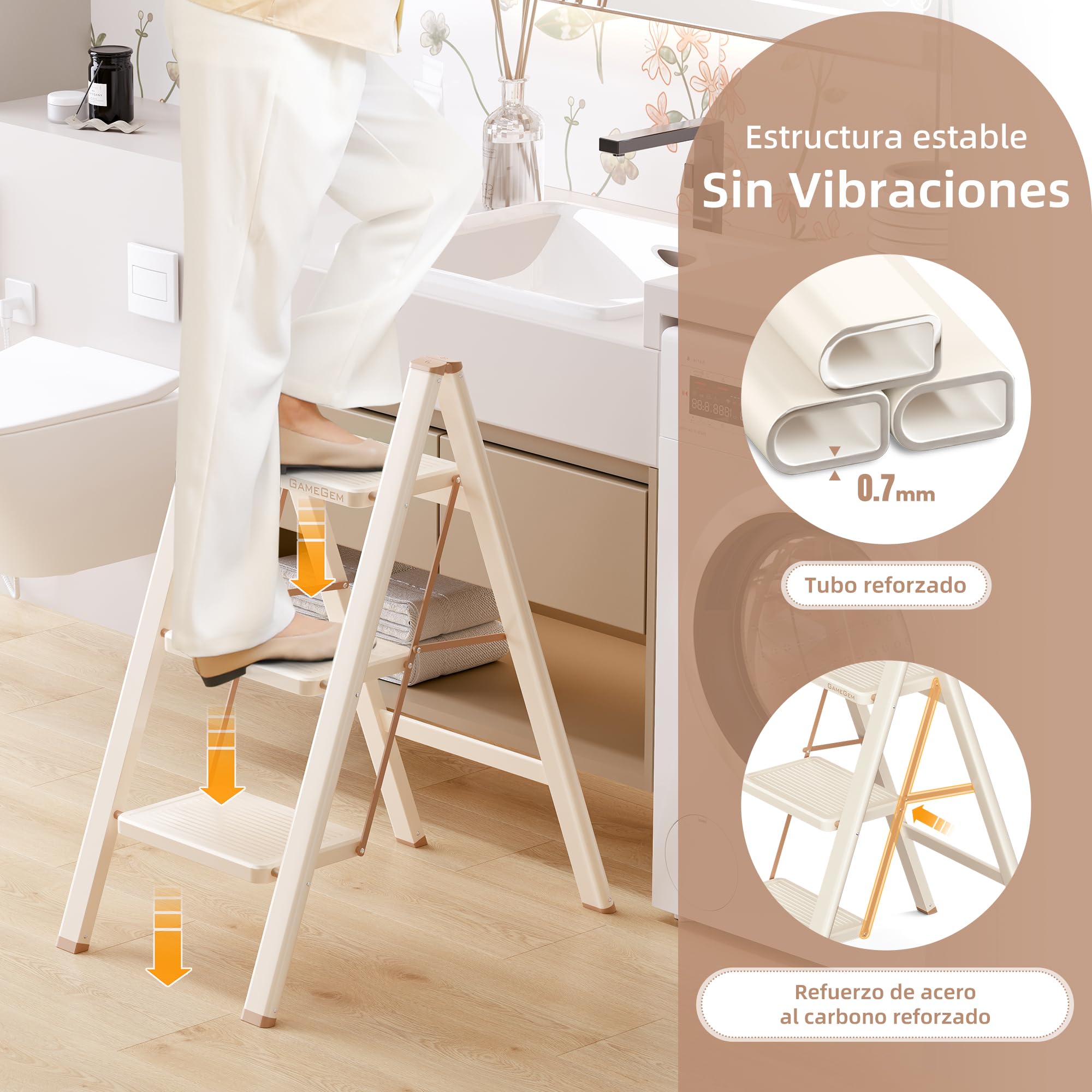 Escabel de 3 Peldaños para Adultos, Escalera Plegable con Base Antideslizante, Peldaños Ampliados, Diseño Estético Que se Integra Perfectamente en Interiores Domésticos