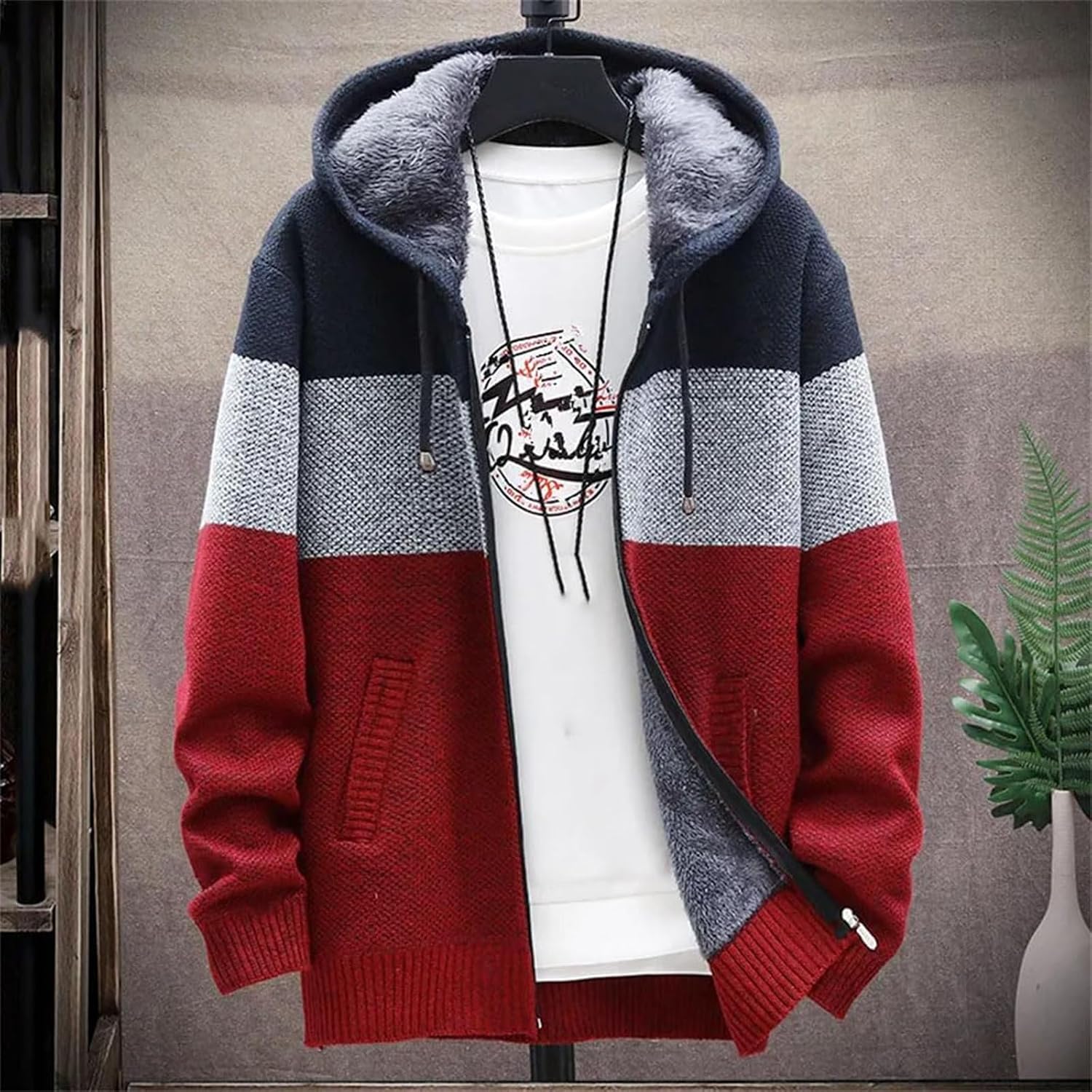 Ymosrh Men's Casual Cardigan Sweater, Long Sleeve Casual Knit Thermal Sweater Coat with Hood, L-4XL