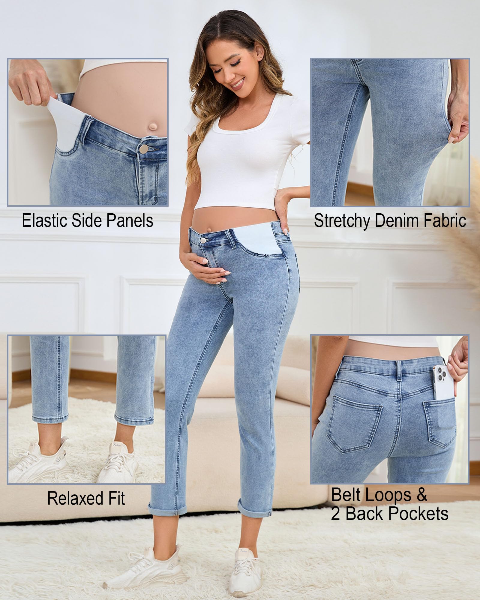 JIMYICLR Jeans premaman da donna, comodi, elasticizzati, slim per gravidanza, a vita media, sotto la pancia, pantaloni per gravidanza con tasche