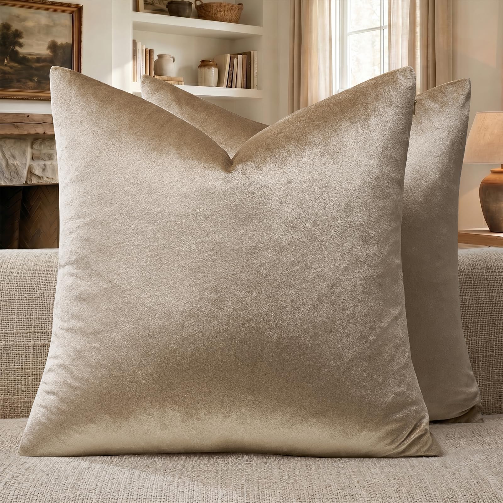 GIGIZAZA Decorative Throw Pillow Covers 18x18,Set of 2 Taupe Square Couch Pillow Covers,Velvet Sofa Boho Cushion Pillows
