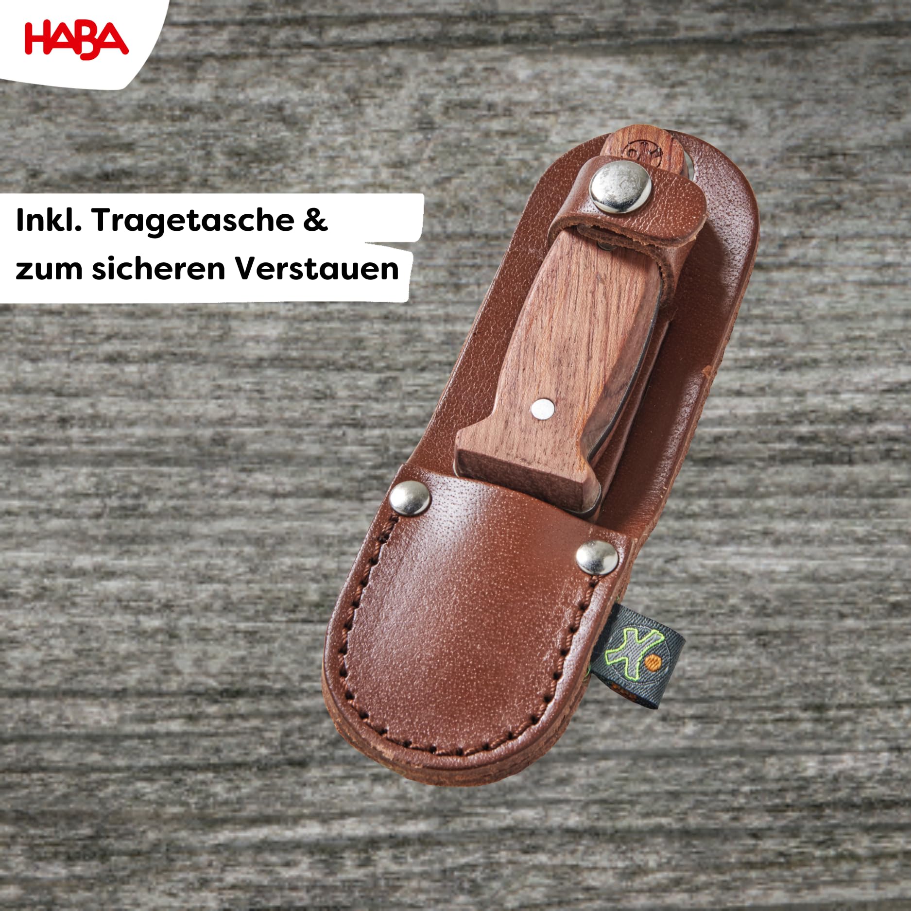 HABA Terra Kids Schnitzmesser – Taschenmesser-Set für Kinder ab 6 Jahren – inkl. Handschuhen, Schnitzrohling & Messer-Etui – 1302622001