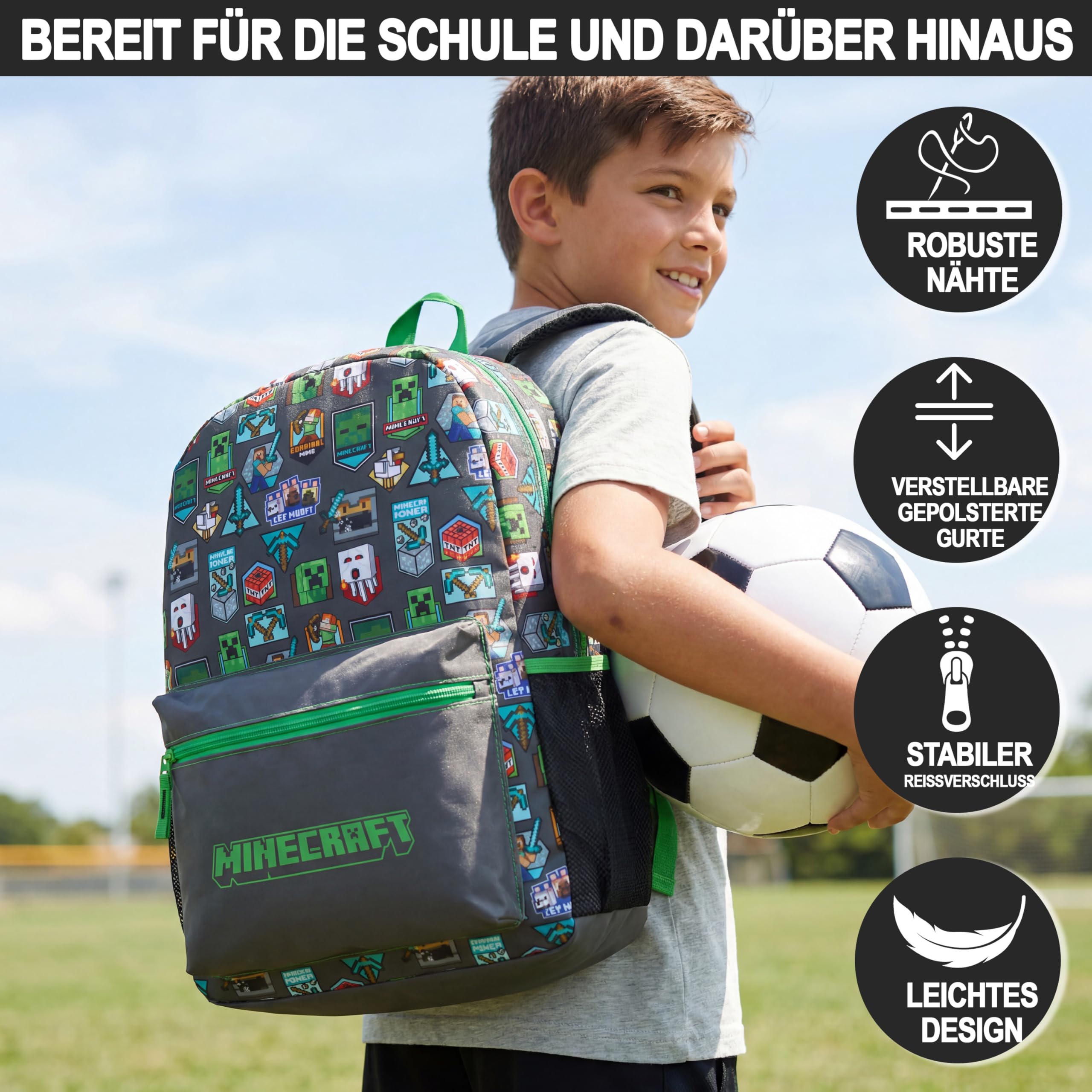Get Trend Minecraft Grande Mochila Niños, 46 cm Mochila Escolar Ajustable y Acolchada, para Colegio, Viaje y Ocio, Regalo Gamer para Niños (Verde/Gris Minecraft)