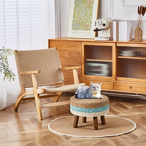 Miniatura 6 de Wimarsbon Puf otomano de 17 pulgadas, reposapiés grande con patas de madera, reposapiés de jacinto de agua natural hecho a mano, mesa auxiliar para