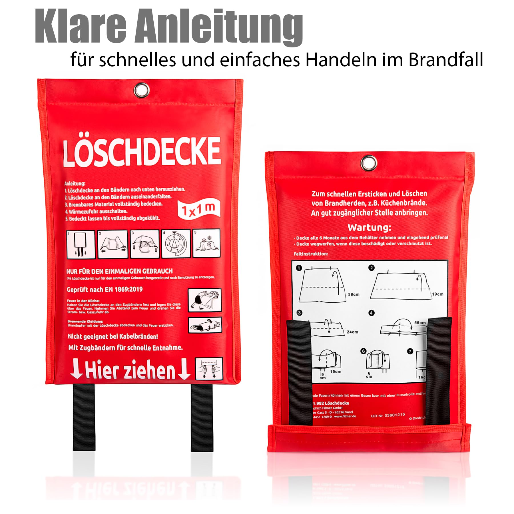 BigDean 2 Stück Löschdecke Küche für Fettbrand sofort einsetzbare XL Feuerlöschdecke DIN EN 1869:2019 geprüft – Feuerdecke auch für Grill, Auto und Camping geeignet