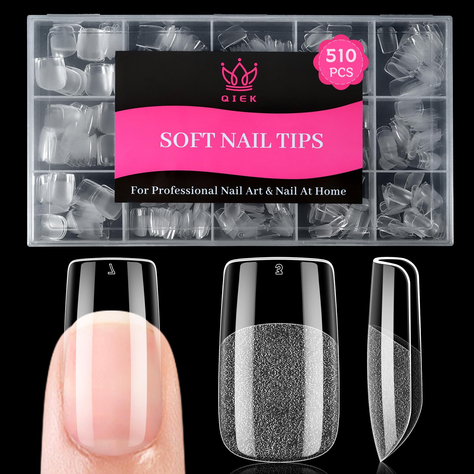QIEK 510 Stück 15 Größen Nail Tips für Gelnägel Kurze Quadrat Soft Gel Nageltips Full Cover Nail Tips Pre-Shaped Press On Nails Kein Feilen Erforderlich Fake Nagel Tips für Home DIY Nageldesign