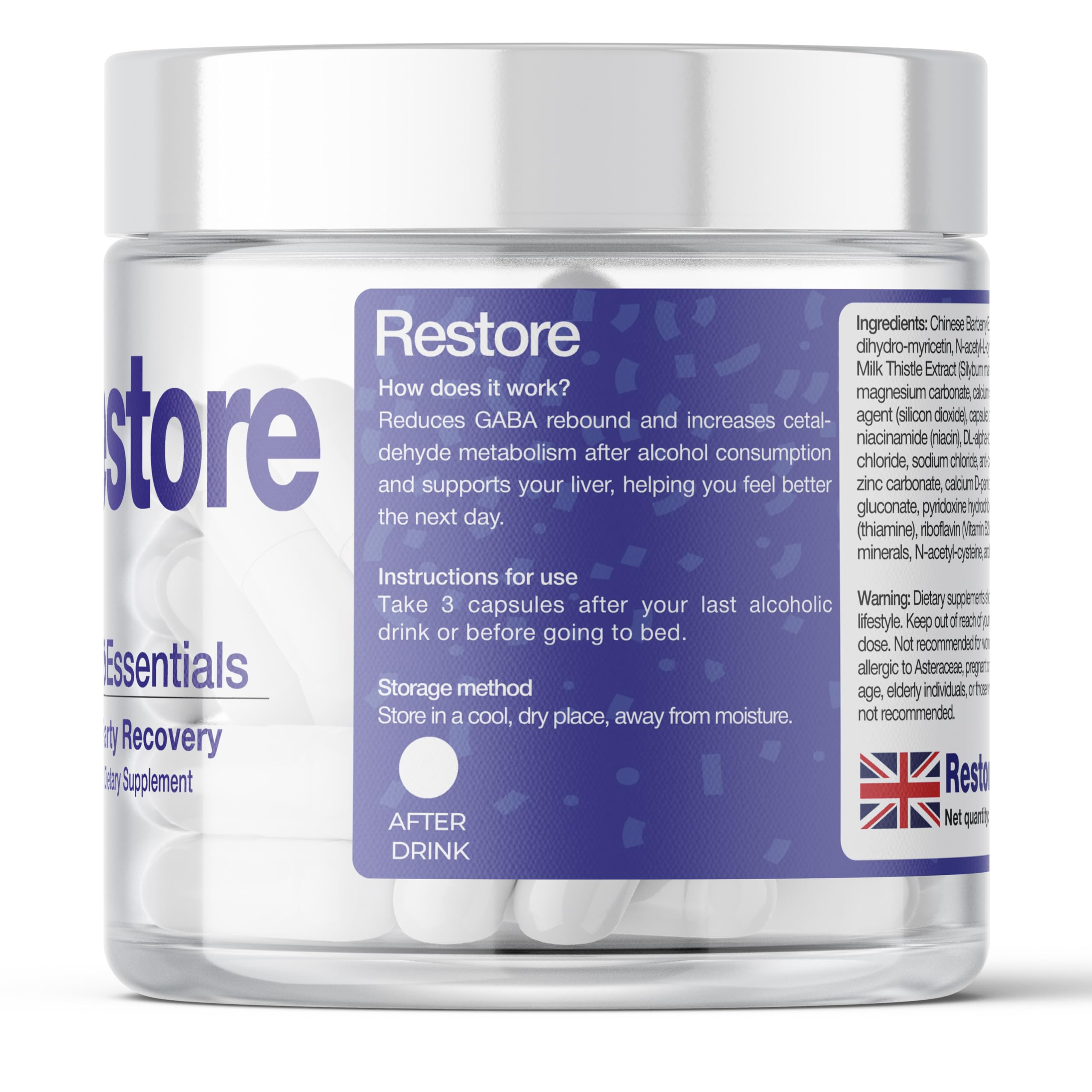 Restore – Lepsze Poranki i Wsparcie Wątroby – DHM 894 mg, NAC 300 mg, Ostropest 250 mg, Kudzu i Elektrolity – 72 Kapsułki Wegańskie · 24 Porcje