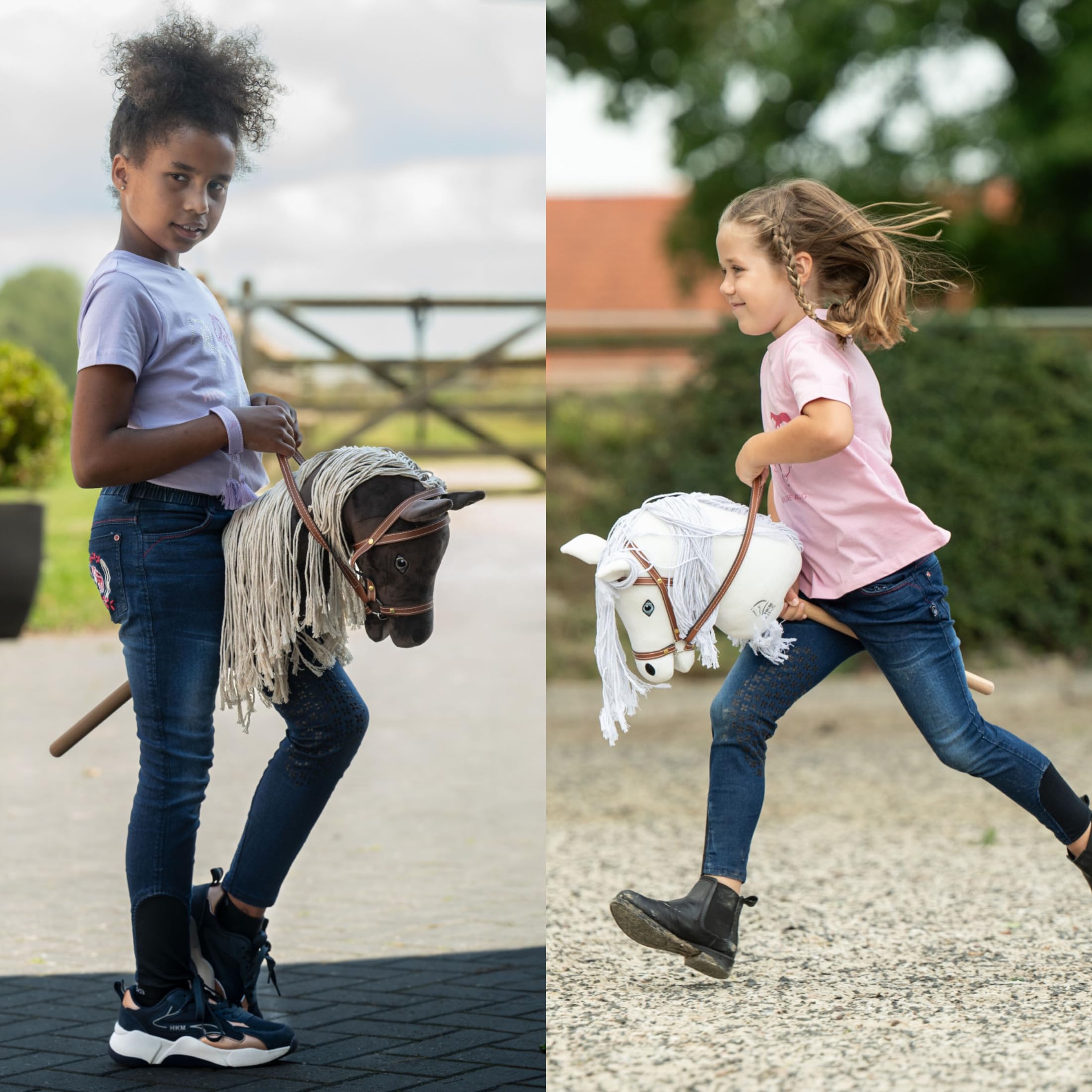 RL24 - Hobby Horse Pferde Mini von HKM Kids inkl. Putzschwamm – Steckenpferd – Spielpferd mit Holzstock, Mähne & Trense – Stockpferd ohne Griffe & Rollen – schwarz (Donner)