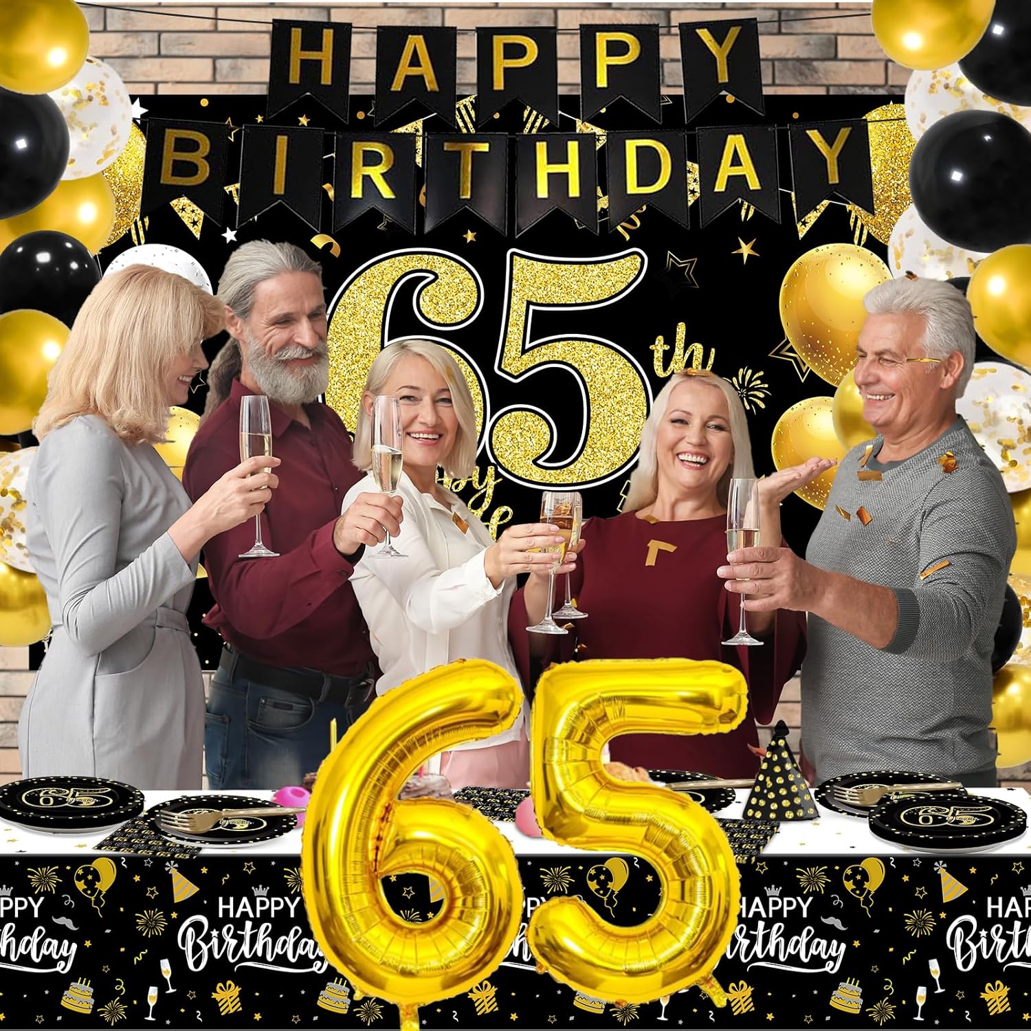 143 Pcs 65th Birthday Party Supplies Set for 24 Guests 65th Birthday Plates Backdrop Decorations Kit for Women Men Cheers to 65 Years Plates Tablecloth Banner Balloons Tableware Party Decors