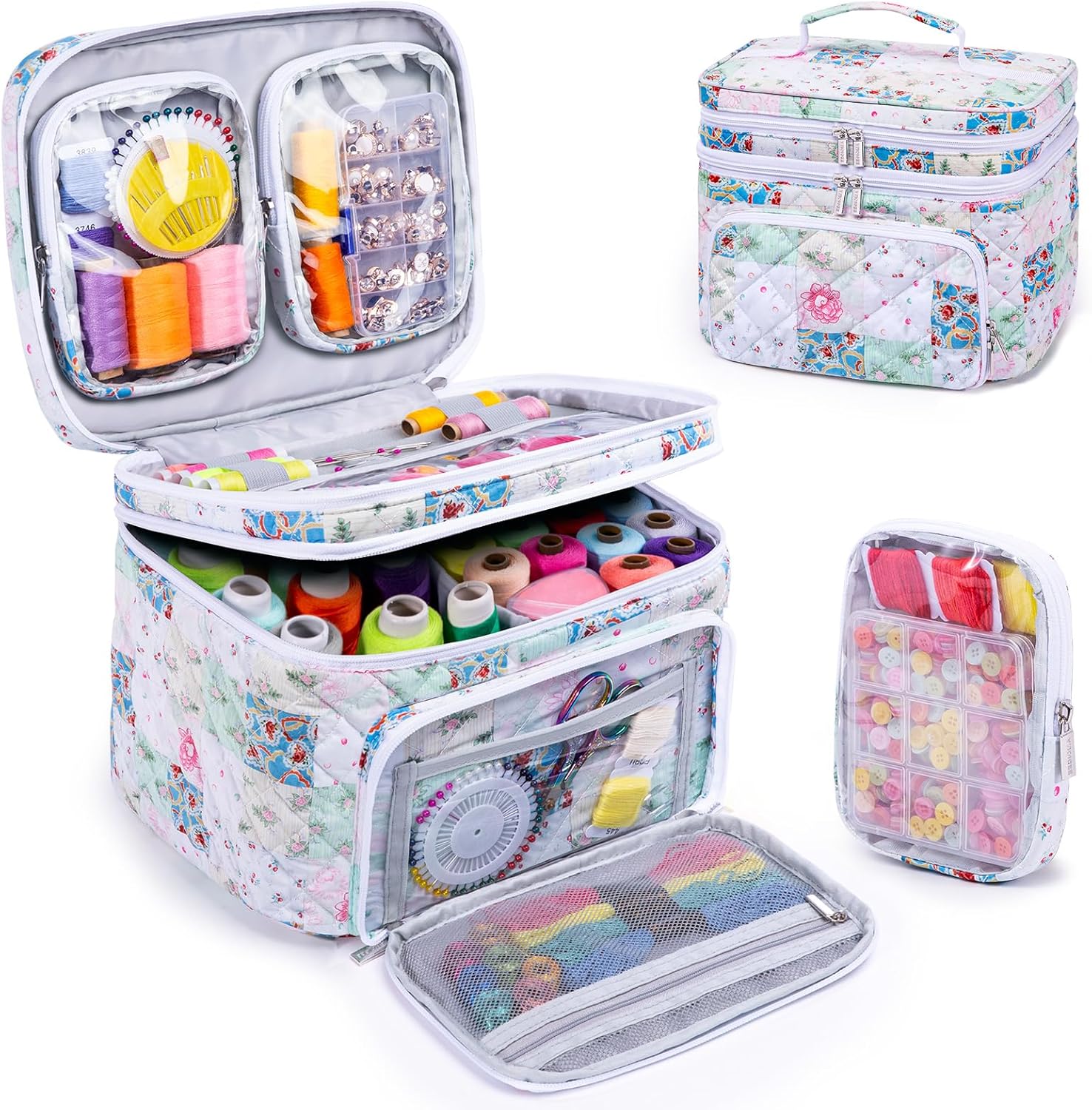 AMOIGEE Double-Layer Sewing Organizer Storage Bag with 2 Detachable Pouches, Large Quilted Sewing Basket for Supplies & Tools, Portable Travel Sewing Kit Case, Gift for Mom(Bag ONLY)