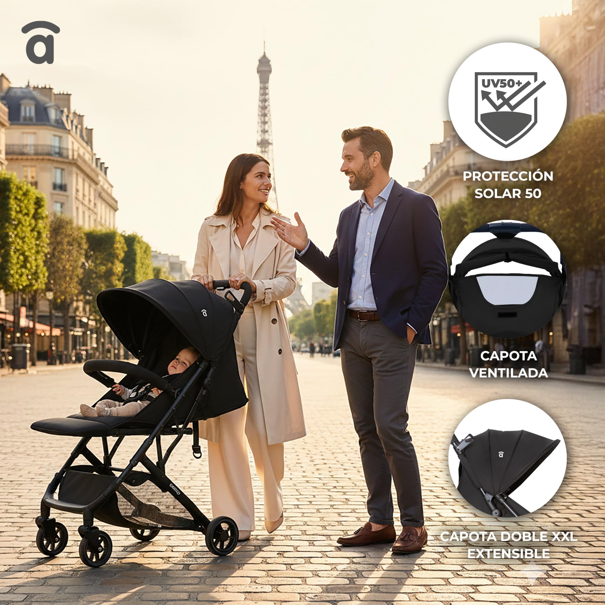 Asalvo TUMBUCTU Poussette ultra légère pour bébé, dossier inclinable, poussette urbaine, harnais 5 points, SPF50+, capote avec fenêtre, maniable, dès la naissance jusqu'à 23 kg, noir