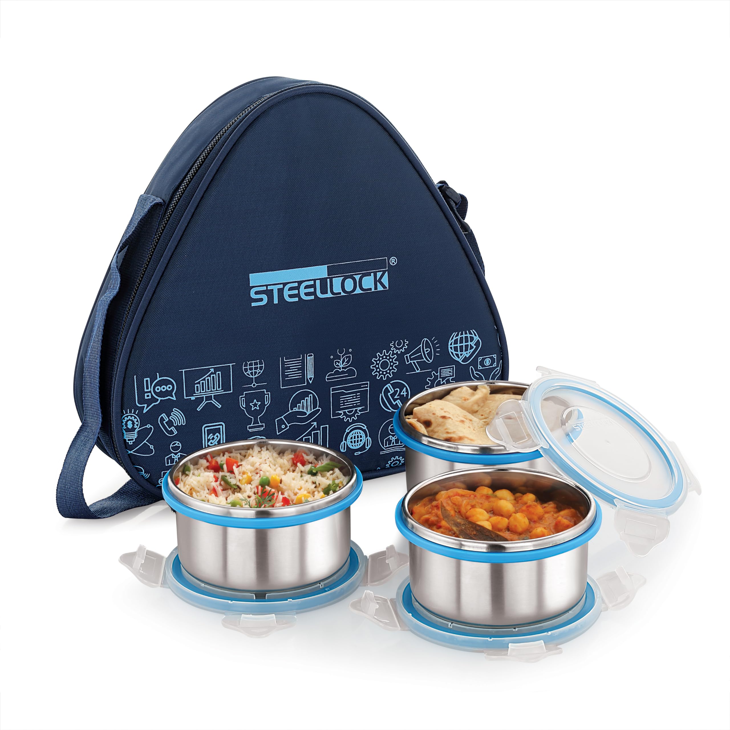 Lunch Box, Stainless Steel Containers, Leak Proof with BPA Free Air Tight Lids, Fabric Jacket (3 pcs x 280ml, HL - 1231)