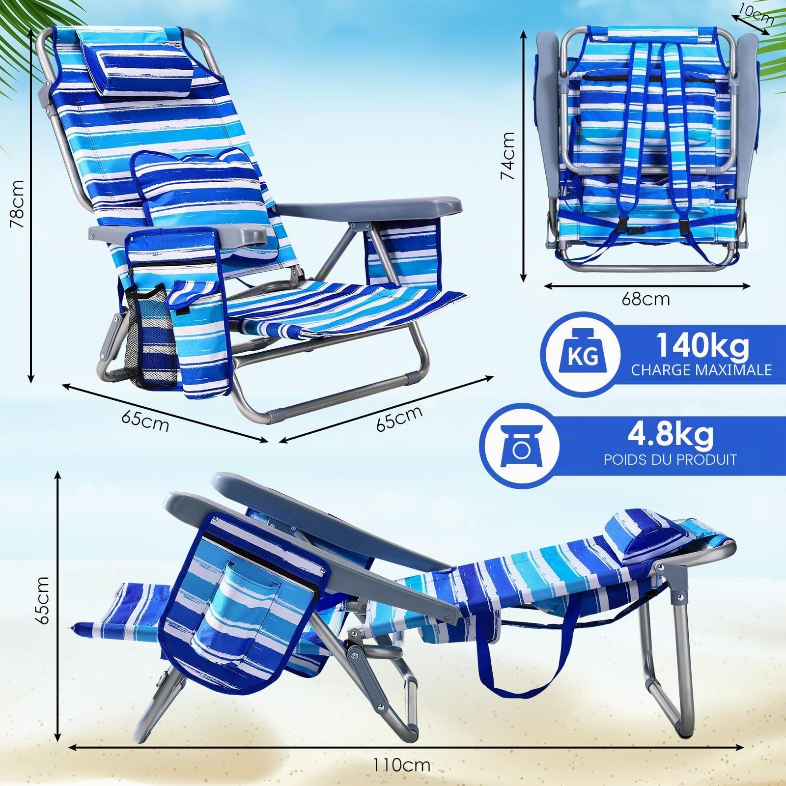 LIFERUN Chaise de Plage,Sac à Dos,Lot de 2,avec Coussin Lombaire,Bleu