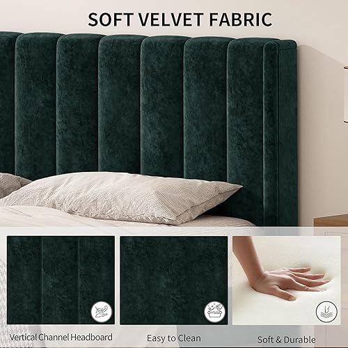 Miniatura 6 de Base de cama tapizada con cabecero y listones de madera fuertes, no necesita somier, pie de madera silencioso fácil de montar (verde tinta, Queen)