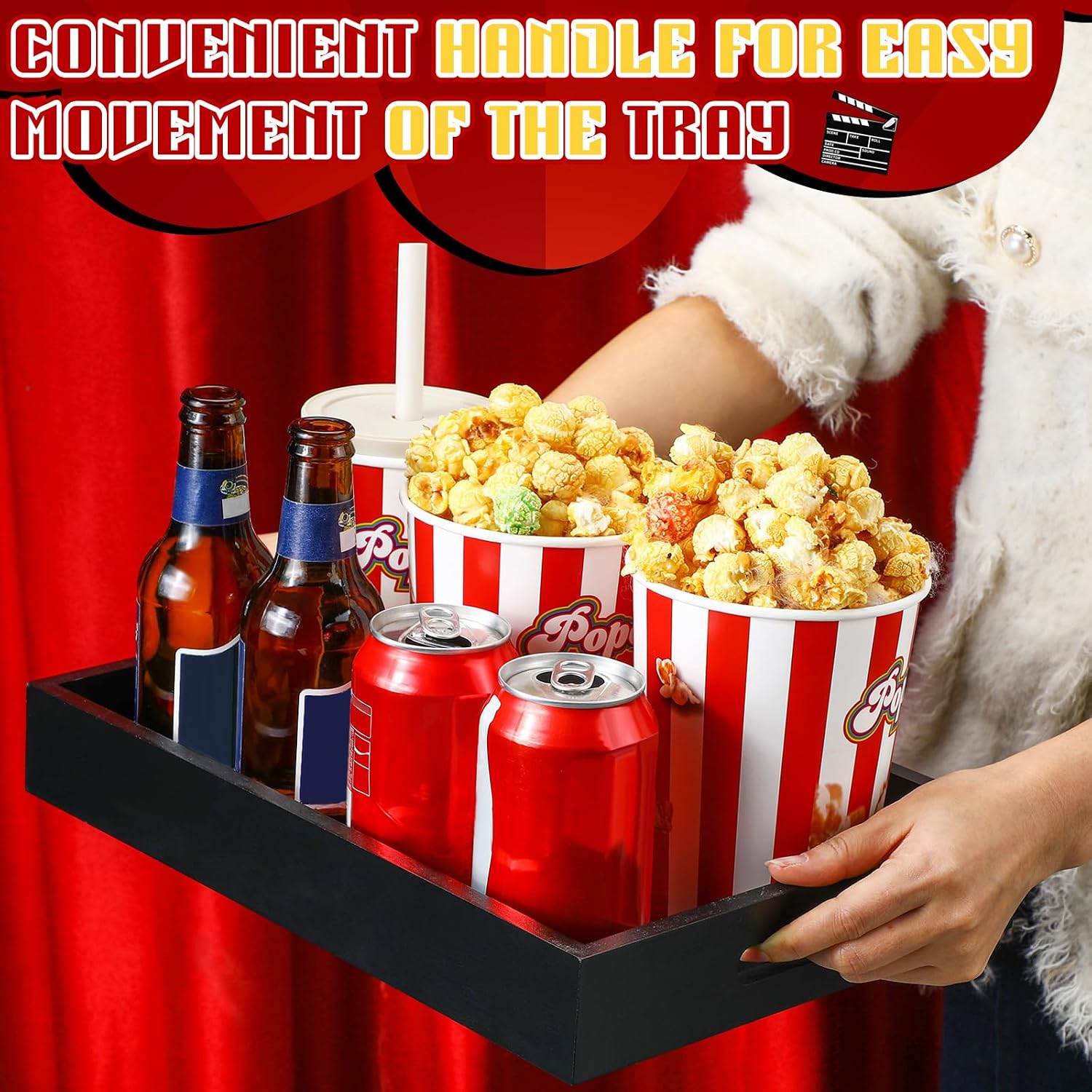 Teenyyou Movie Night Snack Trays with Handles, Reusable Wooden Popcorn Snack Baskets, Portable Serving Caddy for Home Theater, Family Room, Summer Party(Black,Movie Night)