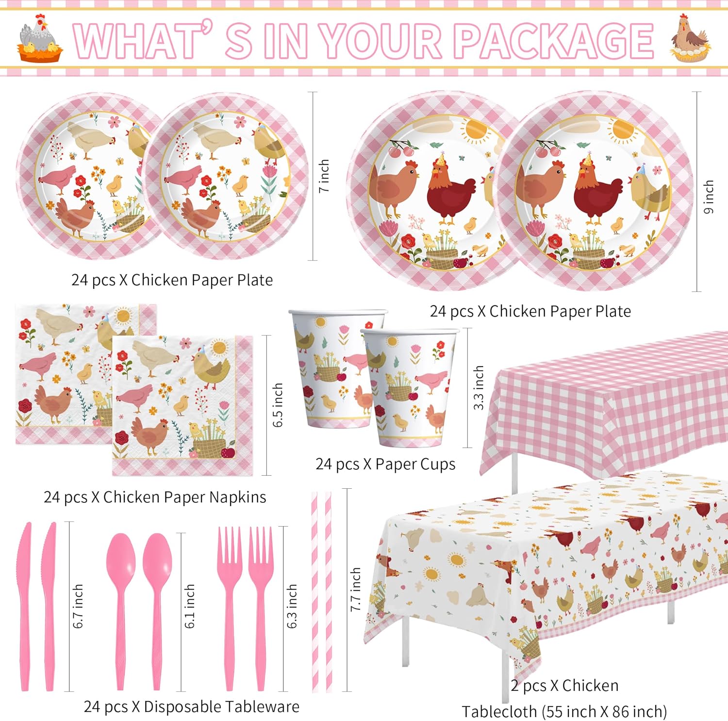 Chicken Birthday Decorations, Farm Animal Barnyard Pink Little Chick Birthday Party Supplies, Paper Plate, Napkin, Cup, Banner, Hanging Swirls, Tablecloth, Balloon, Cake Topper, Serves 24