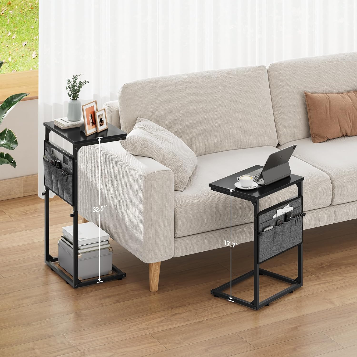 Vagusicc C Shaped End Table, Set of 2 Tall Side Table for Couch, Adjustable Height Small Couch Side Table for Small Spaces, End Table Slide Under Sofa Table TV Tray Arm Table for Living Room, Black