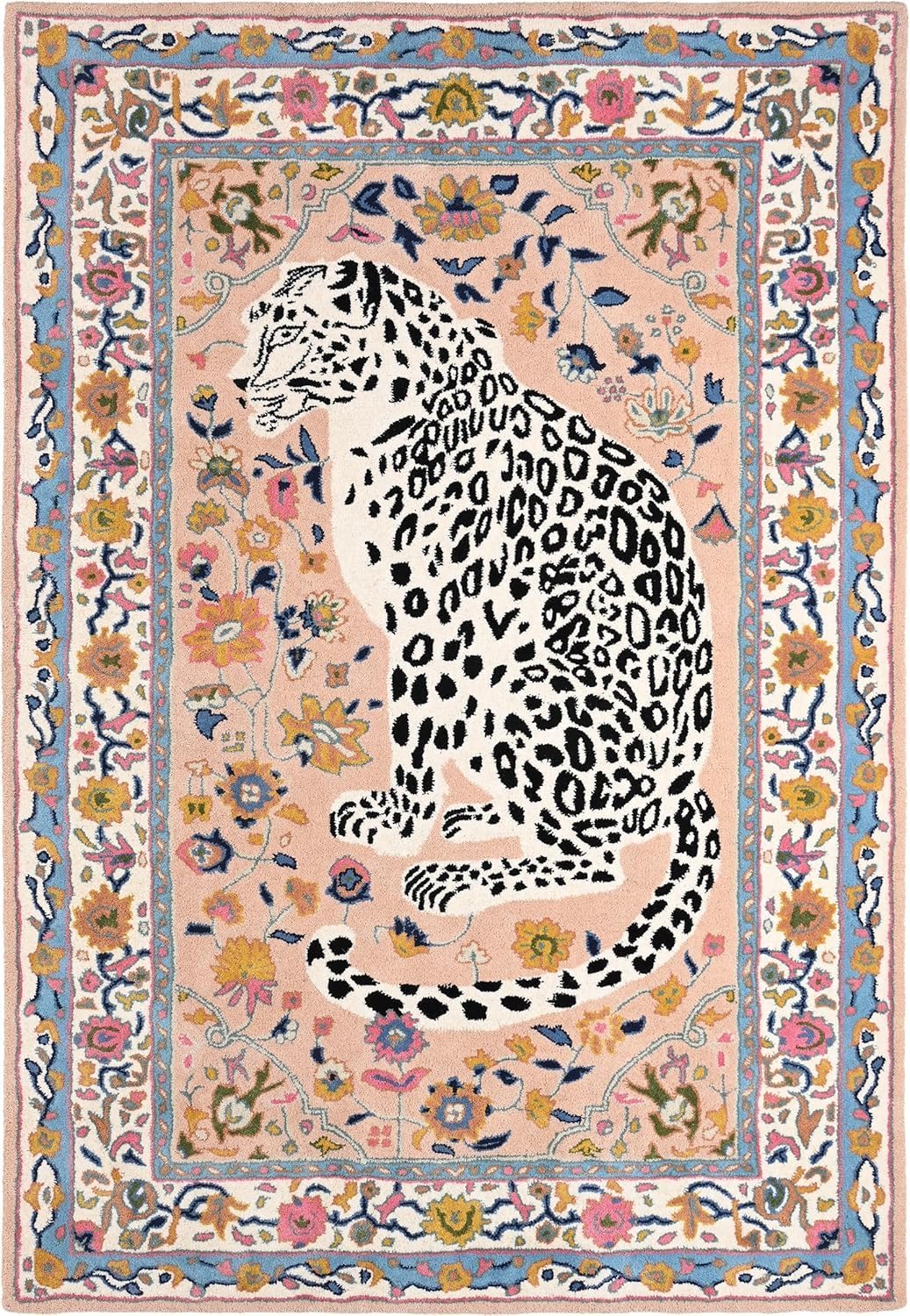 Handmade Cheetah Wool Area Rug - Traditional Animal Print Design with Modern Twist | Large, Plush, Thick & Soft Carpet with Vibrant Floral Border - for Living Room, Bedroom (Soft Pink, 5' x 8')
