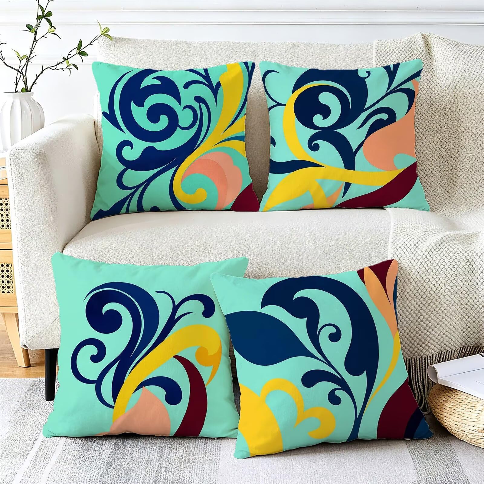 Blu Federe Cuscini Divano 40x40cm, Cuscini da Esterno Set de 4, Cod-94 | Lin Copricuscini Decorativi Letto Arredo, per Letto, Soggiorno, Giardino, Esterno, Casa Decorazione Set di 4 Foglie