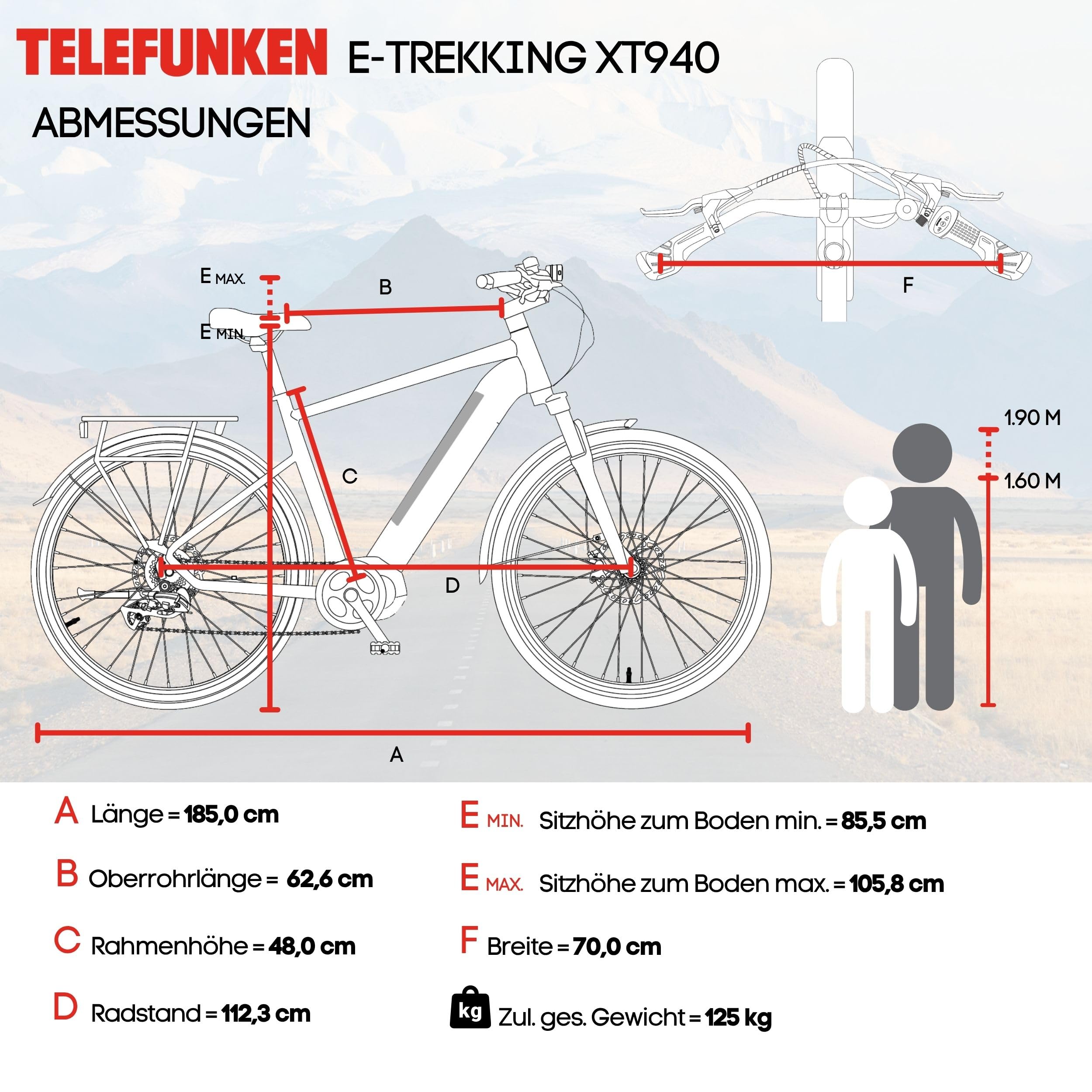TELEFUNKEN E-Bike 28 Zoll Fahrrad | Trekking Pedelec mit 8-Gang Kettenschaltung & Scheibenbremsen | 250 W Heckmotor & integriertem 417,6 Wh Li-Ion-Akku | inkl. Panzerkabelschloss