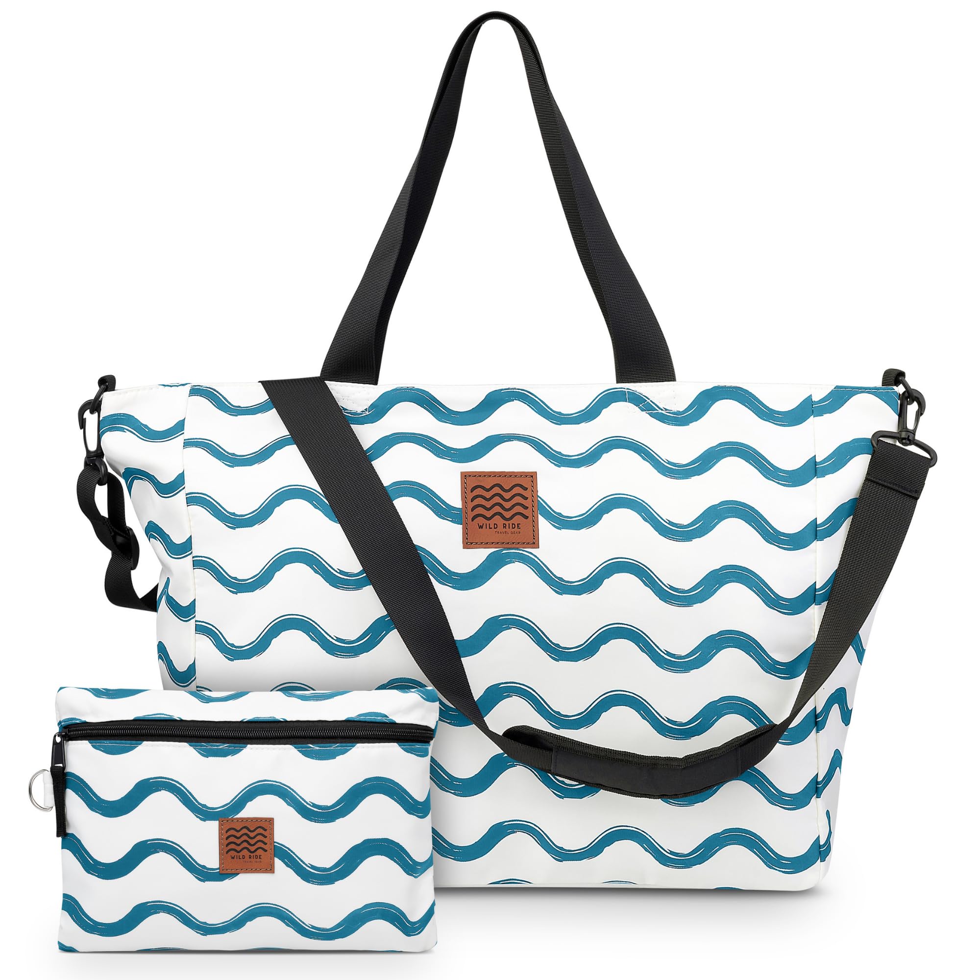 Large Beach Tote Set for Moms Foldable Sandproof Travel Bag with Waterproof Pouch Crossbody Strap Zipper Pockets