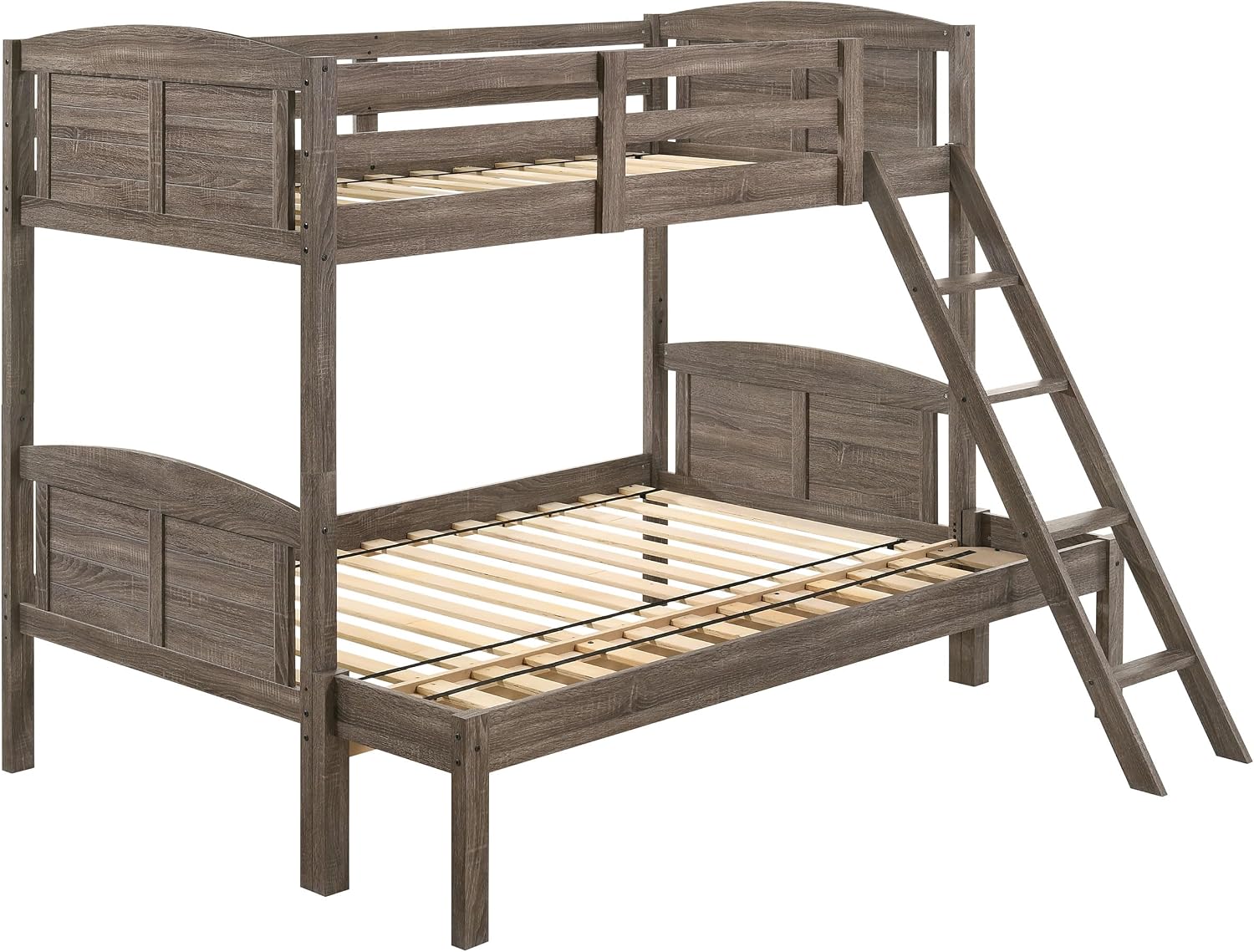 Coaster Home Furnishings Flynn Farmhouse Wood Twin Over Full Size Bunk Bed Frame with Ladder and Guardrails Fully Slatted Mattress Ready Foundation Weathered Brown 400809