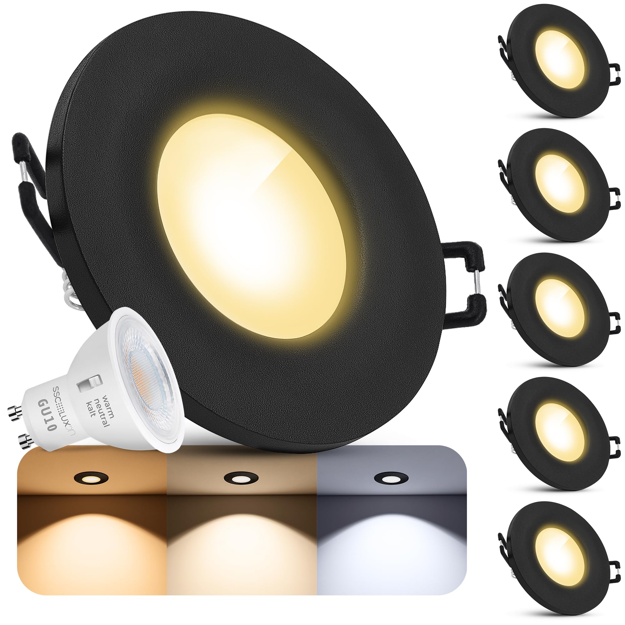 SSC-LUXon BEDA Einbauspot 6er Set schwarz IP65 GU10 6W 3 Lichtfarben | Sechs Deckenspots IP65 schwarz matt - warm / neutral / kalt, dimmbar, für Bad, Küche & Flur, blendfrei, inkl. GU10 LED