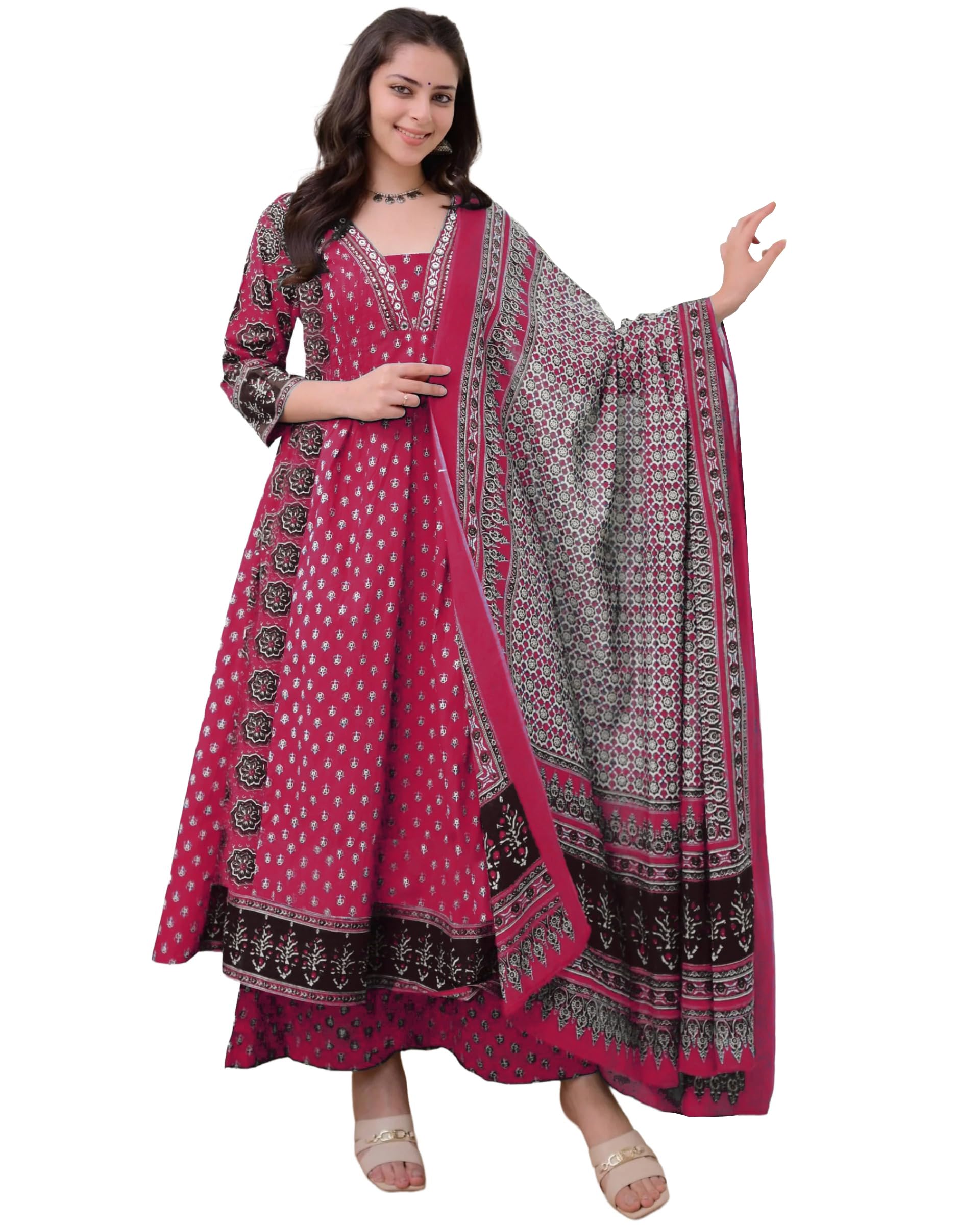 ANNI Designer Women's Pure Cotton Anarkali Kurta Set for Women with Dupatta & Plazzo – Hand Block Print Suit Set | Stylish Dress | Cotton Kurta Set for Women
