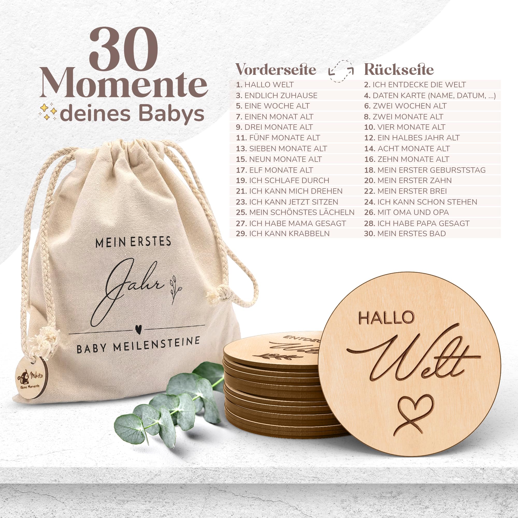 Holz Meilensteinkarten Baby auf deutsch - 30 Meilensteine auf edlen Holzscheiben als Geschenk zur Geburt/zur Babyparty für Schwangere, werdende Mütter, werdende Eltern.