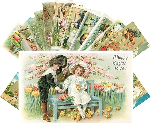 Miniatura 7 de PIXILUV Tarjetas postales vintage (24 piezas de 4 x 6 pulgadas cada uno) tarjetas de Pascua para pollitos y niños, tarjetas de felicitación retro de