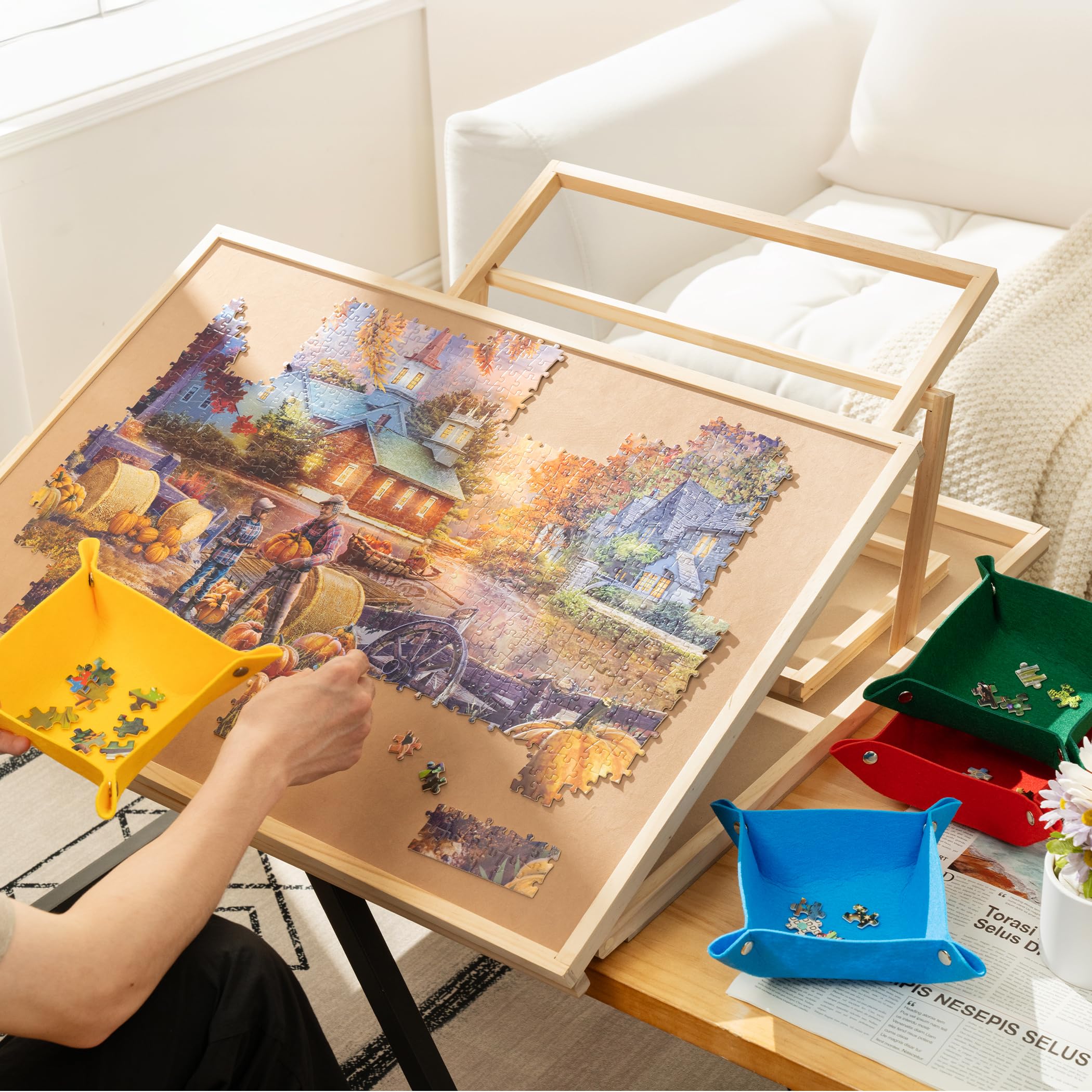Tektalk Planche de Puzzle Convertible, Utilisation bidirectionnelle, Table de Puzzle réglable avec Couvercle, 4 Plateaux de tri colorés, Plateau en Bois à 4 Angles d'inclinaison, jusqu'à 1000 pièces