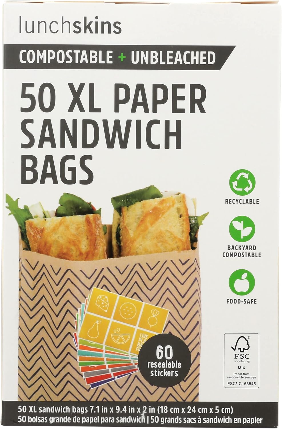 Lunchskins Unbleach Quarts Sandwich Paper Bag, XL Size, Cruelty Free, Recyclable, 50