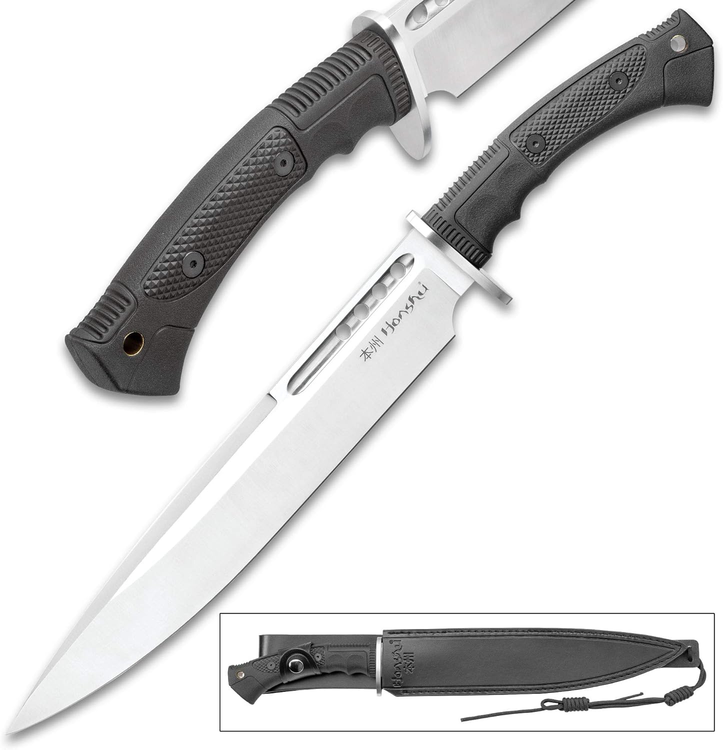 Honshu Boshin Toothpick Knife With Sheath - 7Cr13 Stainless Steel Blade, Contoured TPR Handle, Lanyard Hole - Length 18 3/4"