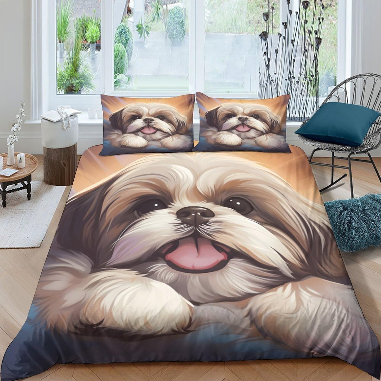 Ctjqhvkz Style-6 3D Printed Shih Tzu Dog Fitted Sheet Microfiber Soft Bedroom Decor Cute Puppy Bed Cover Anti-Slip Machine Washable Single（135X200cm）