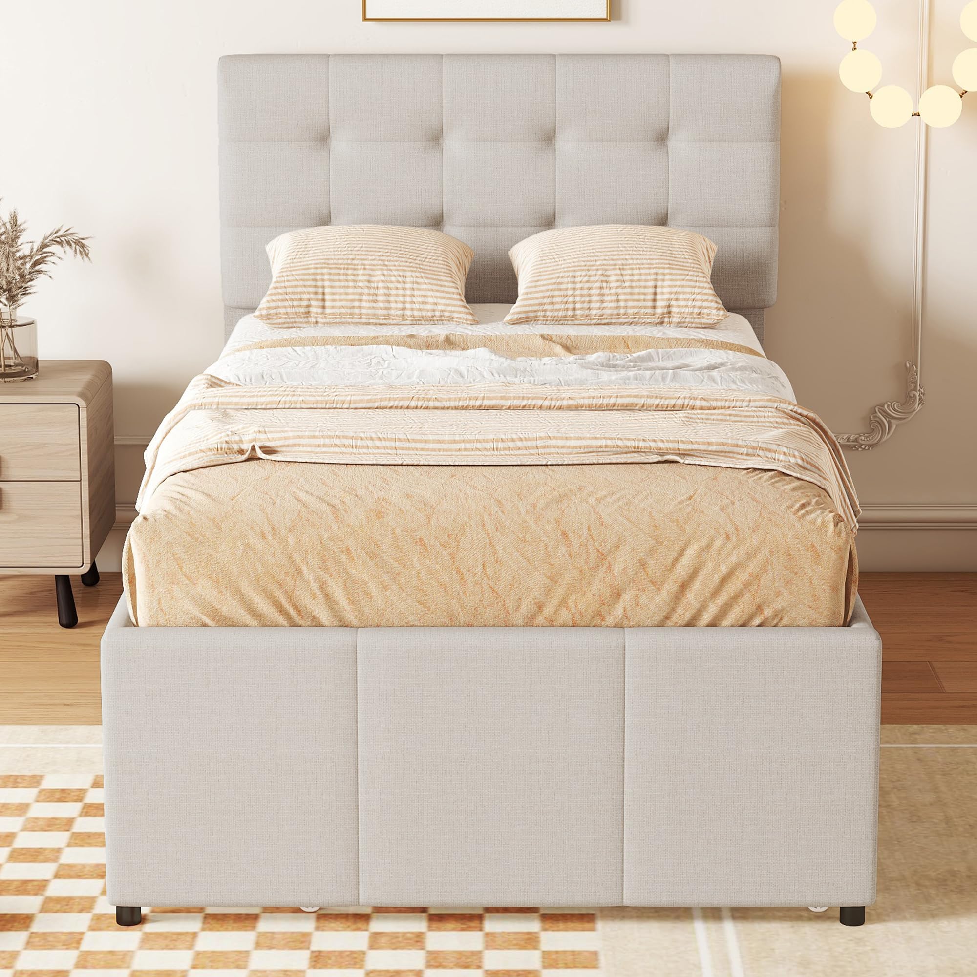 Cama doble tapizada con 3 cajones, cama nido y cabecero ajustable, color gris, 90 x 200 cm (90 x 190 cm), color beige