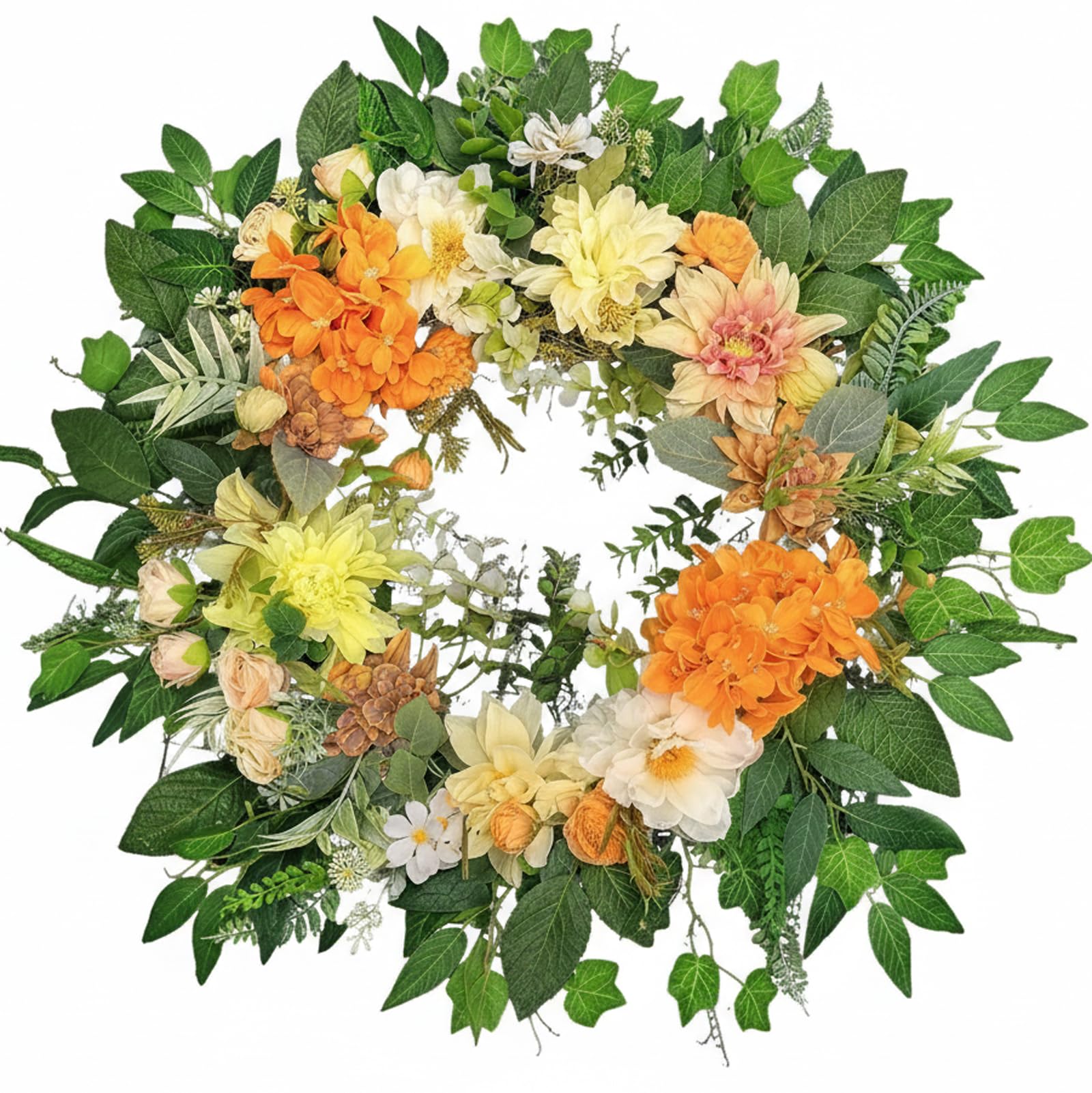 Corona di Fiori Artificiali 60cm Arancione per Porta Ingresso, Ghirlanda Primaverile Estiva con Ortensie Dalie Peonie, Decorazione Moderna da Parete Stile Rustico, Regalo di Inaugurazione
