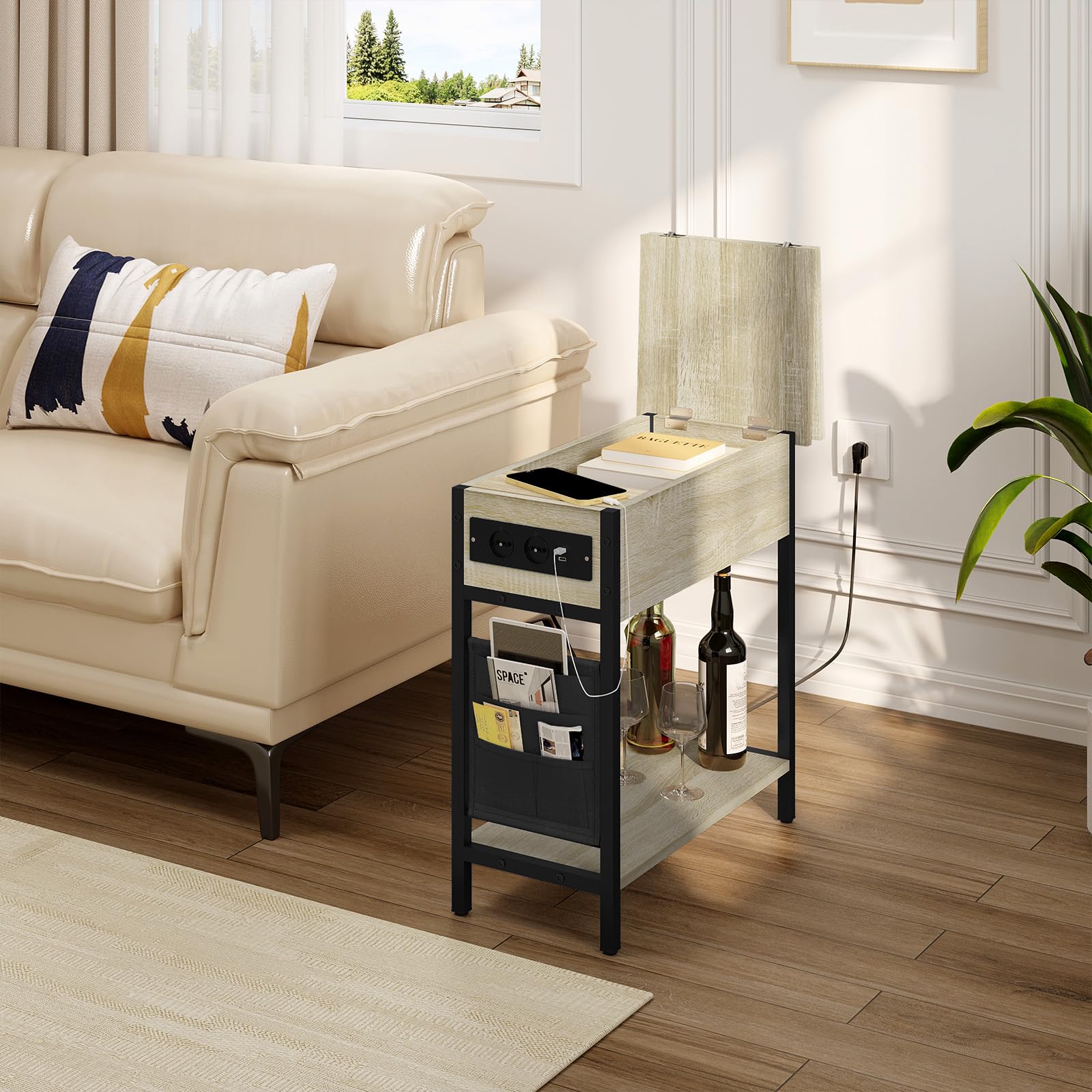 EUGAD Tavolino da Salotto con Area di Ricarico, Tavolino da Divano Laterale, Comodino con Piano Ribaltabile, Scatola in Tessuto, 2 Prese e 2 Porta USB, Rovere Chiaro