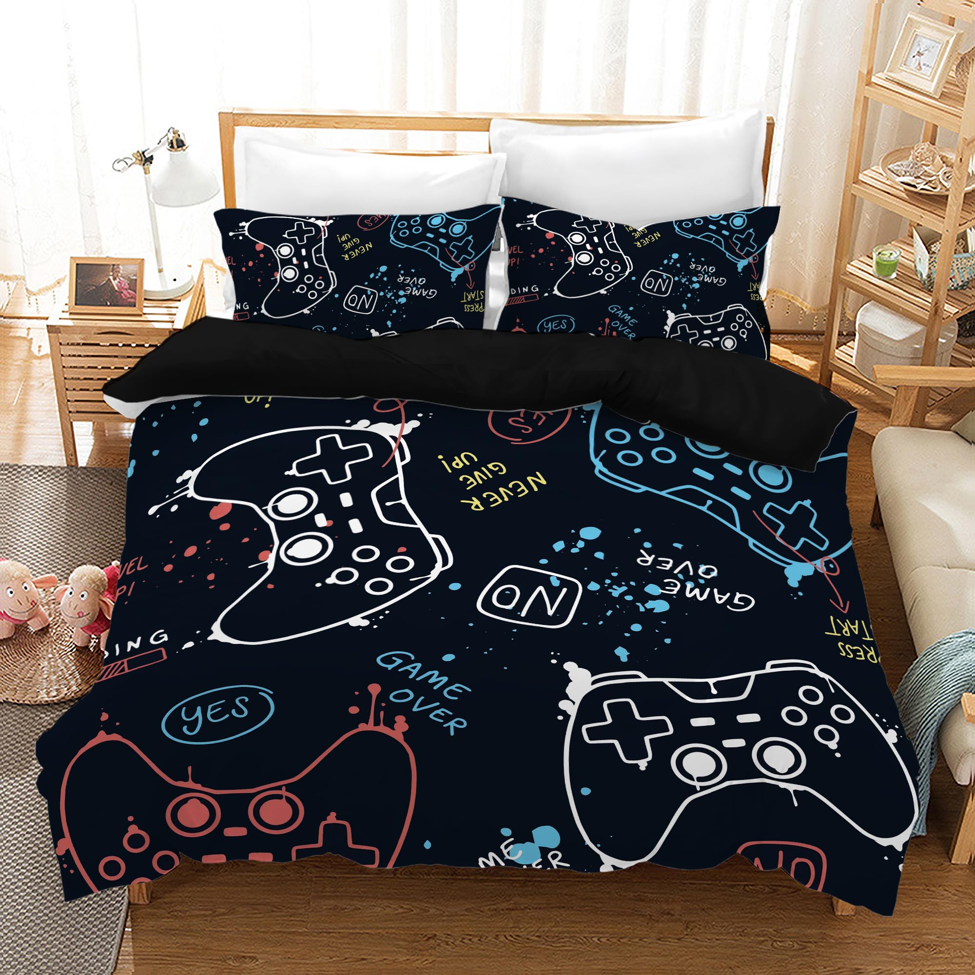 MIQEBX Gamepad Duvet Cover Bedding Set Video Game Controller Game Console Duvet Cover with Zipper + 2 Pillowcases 50x75 cm (B1, Single)