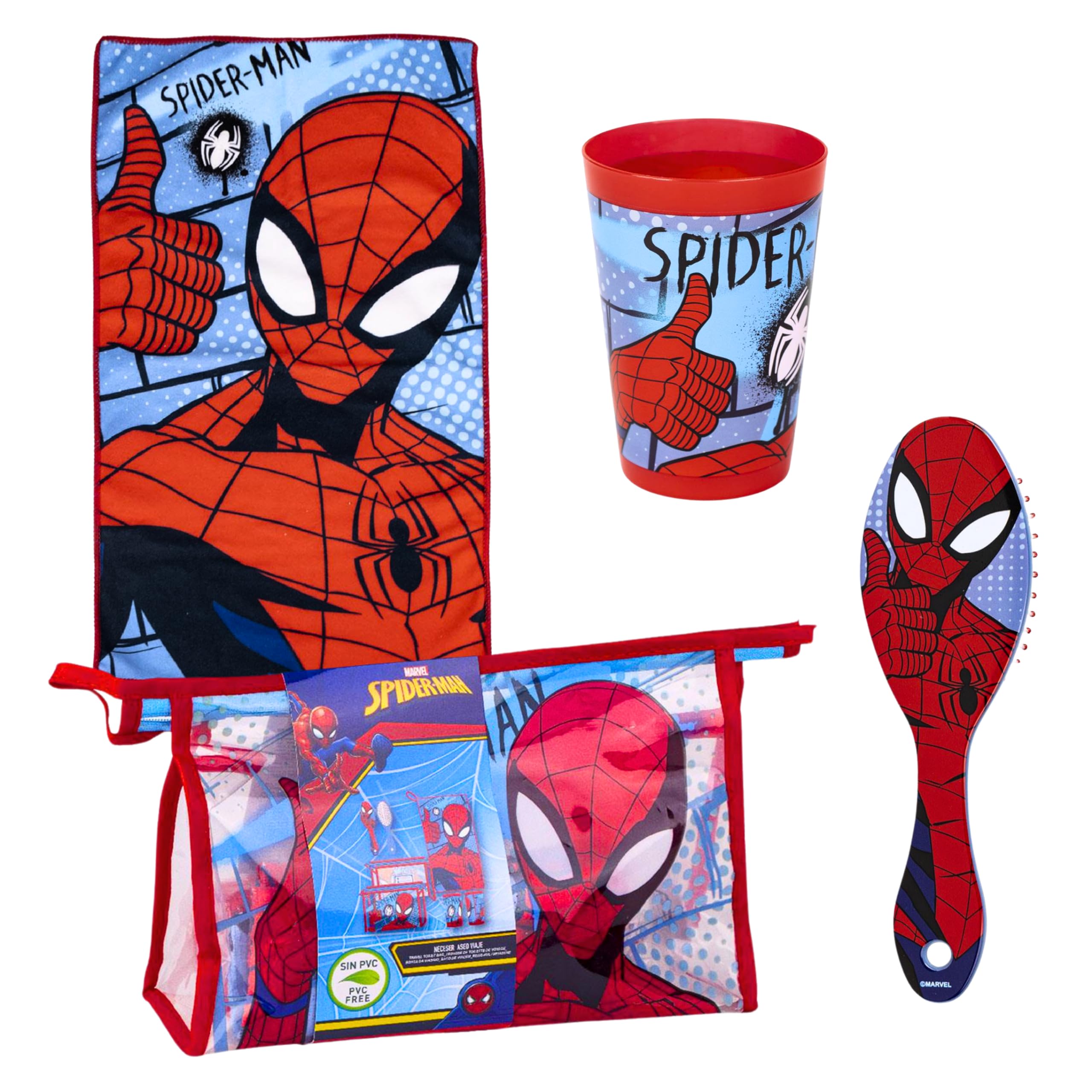 Marvel Spiderman Neceser para Niños, Bolsa de Aseo Infantil Diseño Los Vengadores, Incluye Vaso, Cepillo para el Pelo, Toalla, Bolso, Sin PVC