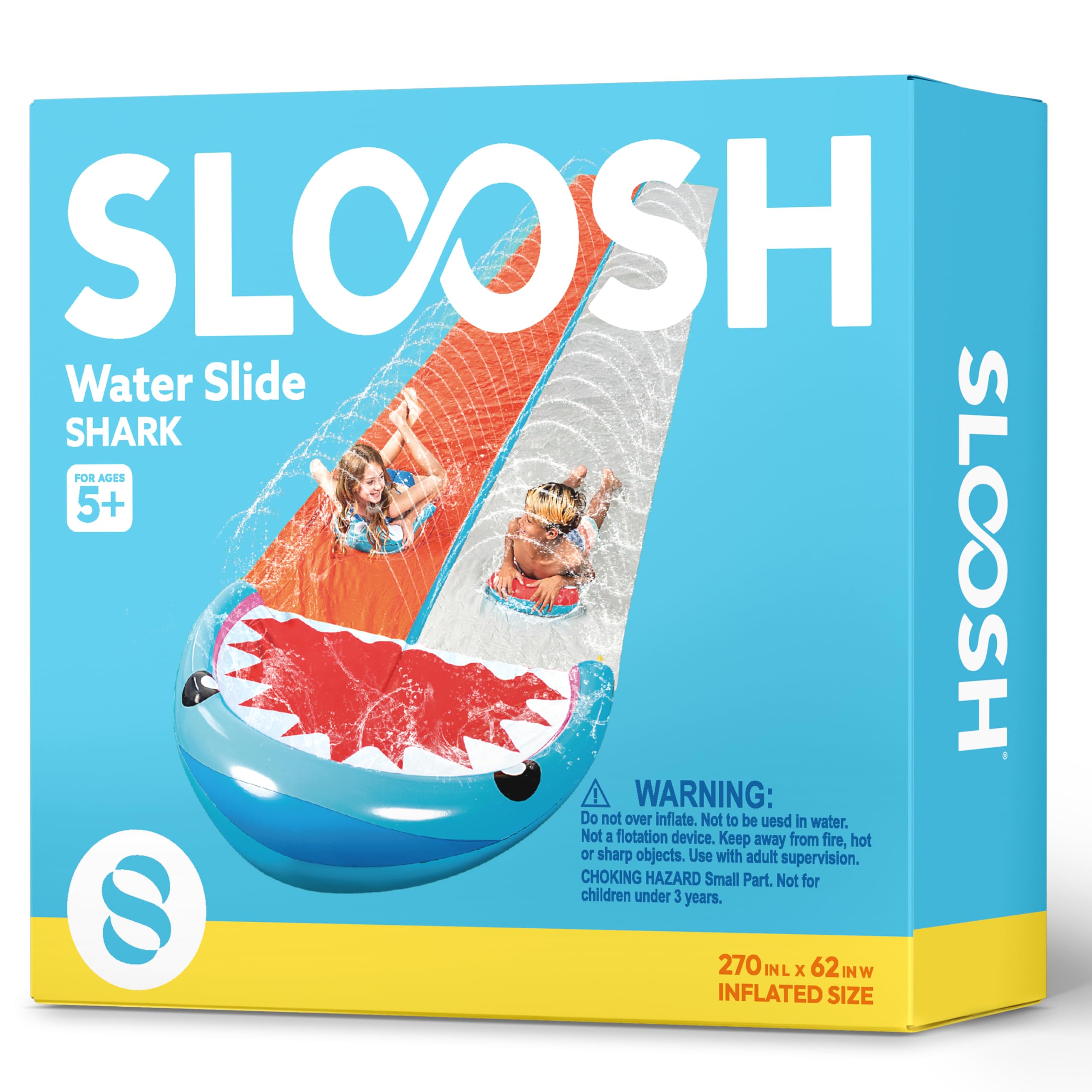 Sloosh 22,5ft/685,8cm Tobogán de Agua con 2 Tablas inflables, tobogán de césped de Doble Carril con rociadores avanzados, Juguete de Verano para niños y Adultos, diversión en el jardín, Tiburón