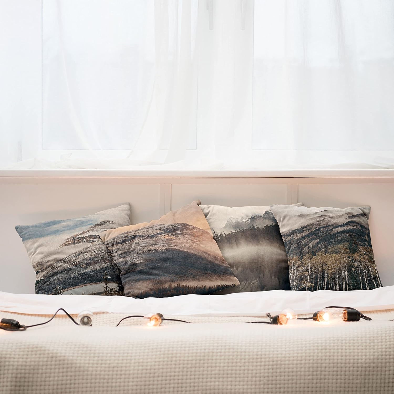 Ambesonne Landscape Throw Pillow Cushion Case Pack of 4, Snowy Mountains Woods Early Morning Sunrise Nature Outdoors Scenery Photo, Modern Accent Double-Sided Digital Printing, 18", Brown White