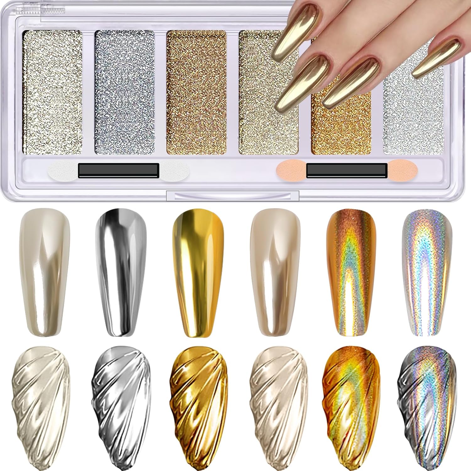 Gold Silver Chrome Nail Powder, 6 Colors Holographic Unicorn Iridescent Nail Chrome Powder, Metallic Mirror Effect Light Gold Champagne Chrome Powder Palette Pigment Glitter for Nail Art Gold & Silver