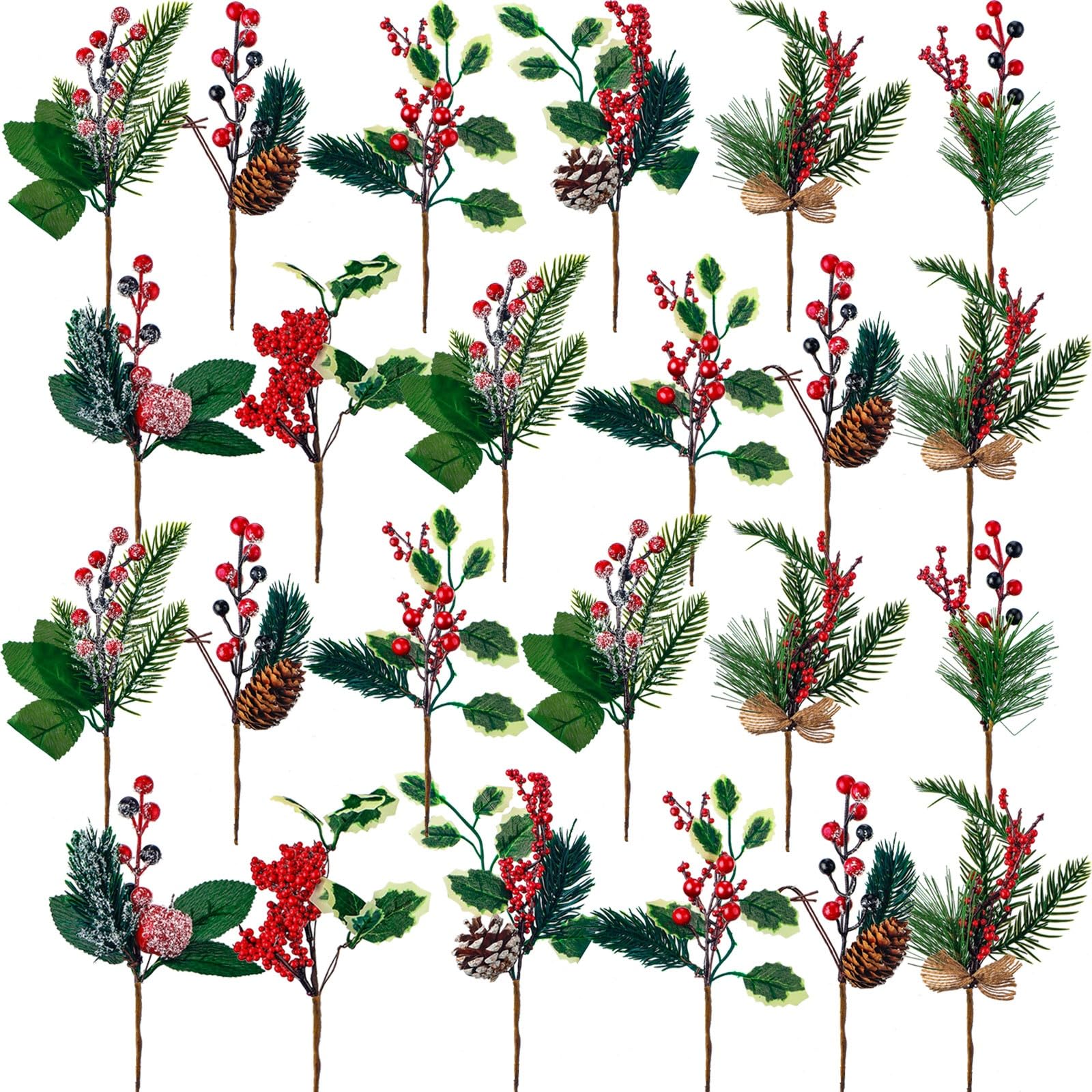 WILLBOND Picchetti di bacche rosse artificiali di Natale, rami di bacche di pino, agrifoglio, pino innevato, pigne finte per Natale, artigianato, feste, decorazioni per la casa, 20,3 cm, steli