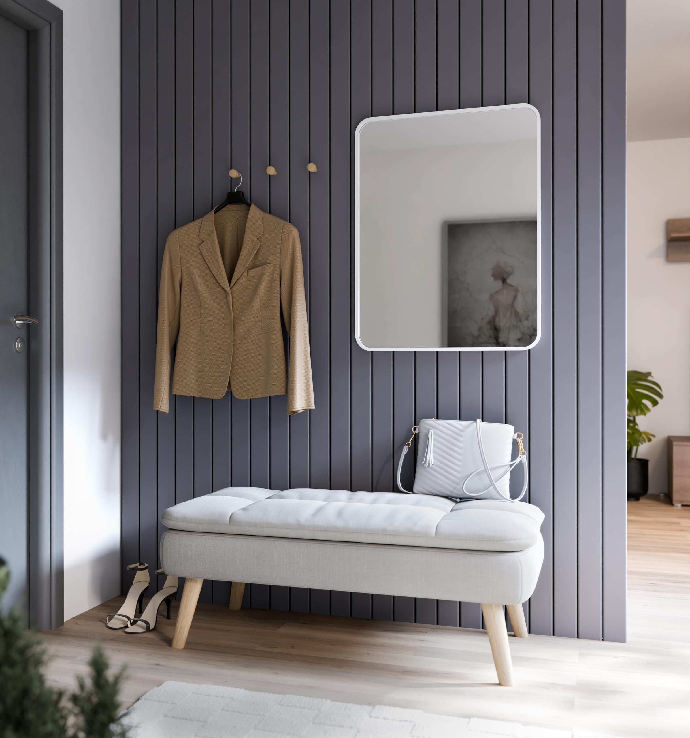BD ART Espejo de pared rectangular de 60 x 80 cm, color blanco, marco de madera de densidad media, espejo decorativo grande para pasillo, baño y salón, moderno espejo para montaje en pared (vertical y