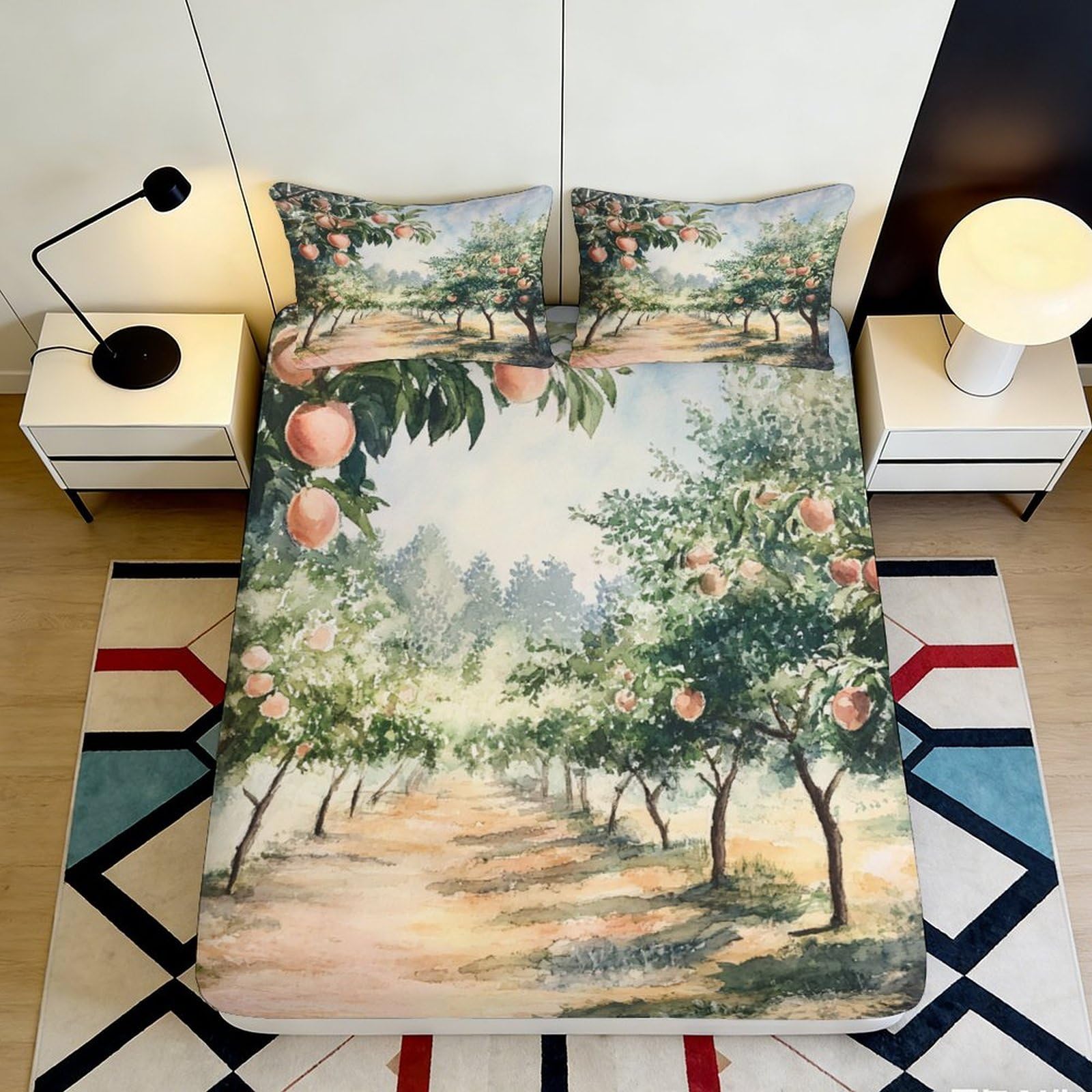 3D Printed Peach Orchard Fitted Sheet Microfiber Soft Decor Landscape Bed Cover for Bedroom Guest Room Dorm 90x200x25cm