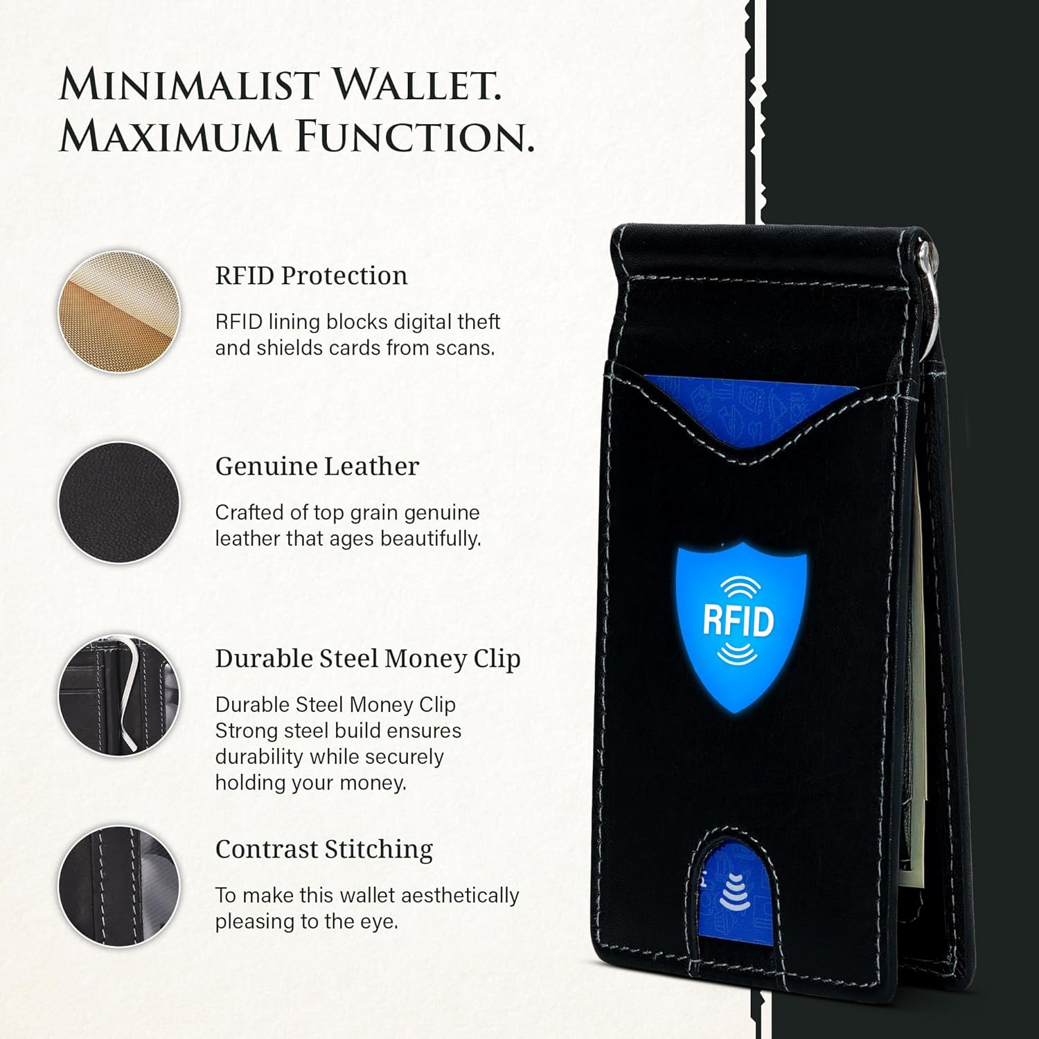 ROGUE WALLET Genuine Leather Minimalist Wallets - RFID Blocking with Money Clip - Interior & Exterior Card Pockets & More - Gift for Men (Black) - Image 2