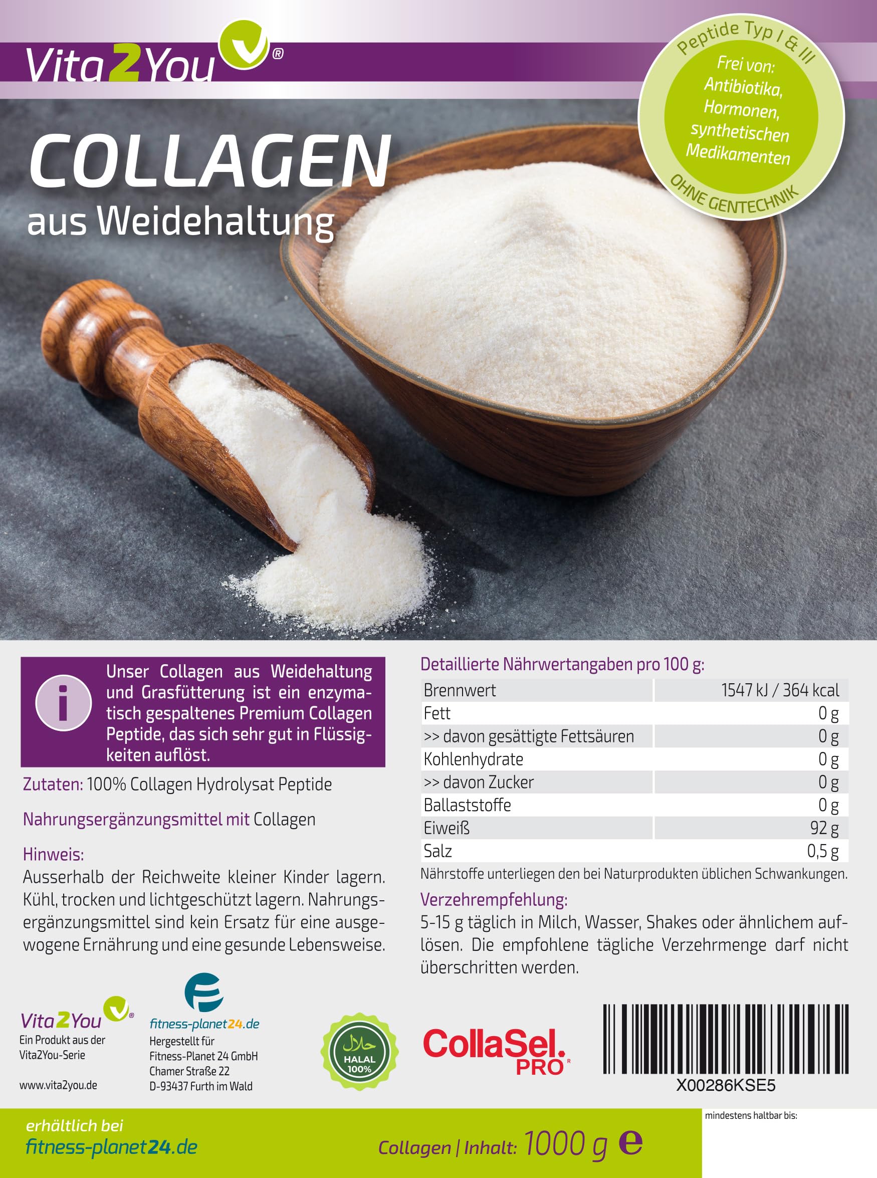 Vita2You CollaSel Pro® - Polvere di collagene bioattivo, 100% CollaSel Pro®, da allevamento e alimentazione con erba, peptidi idrolizzati tipo 1 e 3, proteine, 1000 g, qualità premium